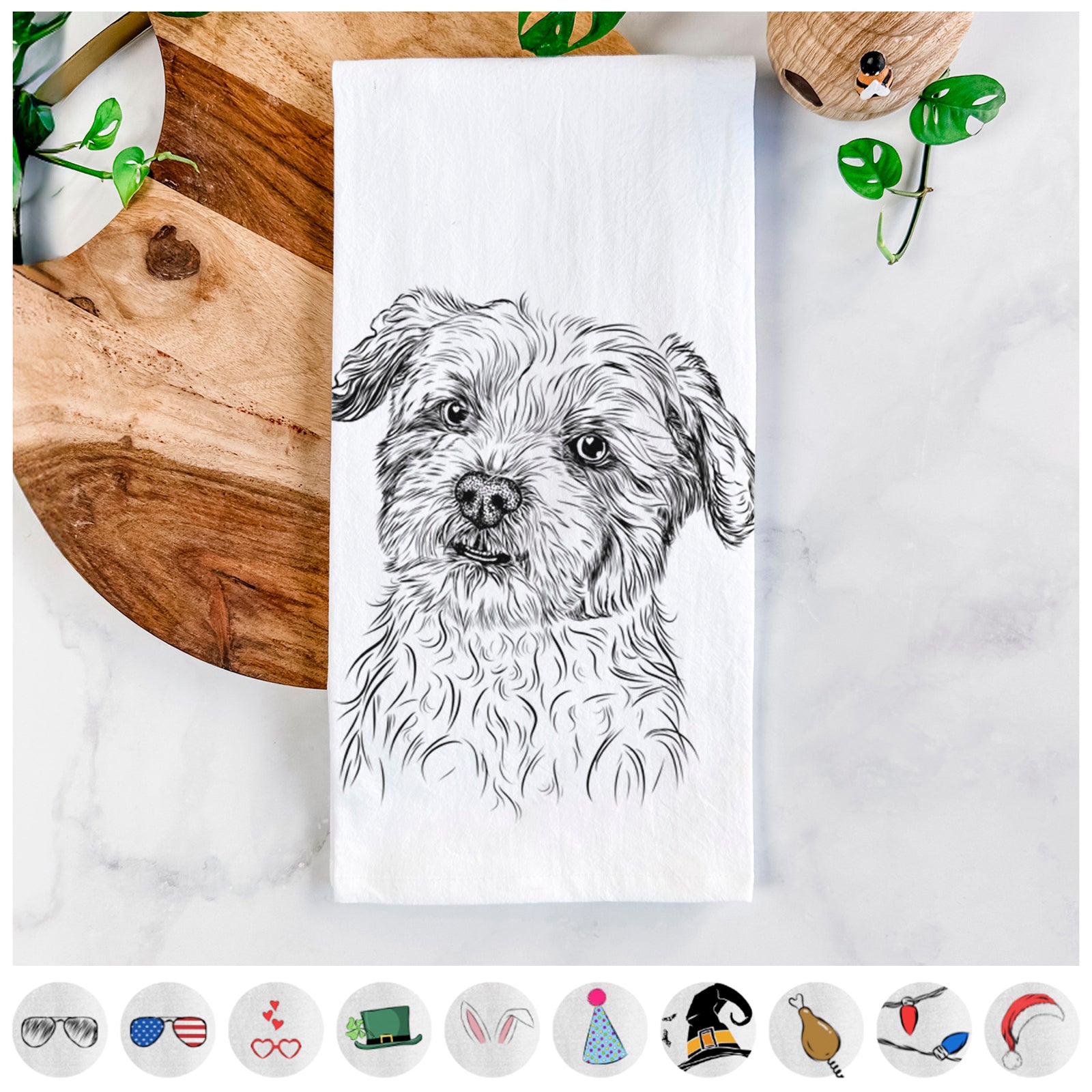 Hand-drawn sketch of Roxie the Schnauzer Shih Tzu Mix on a tea towel, shown with icons of the other available costume styles