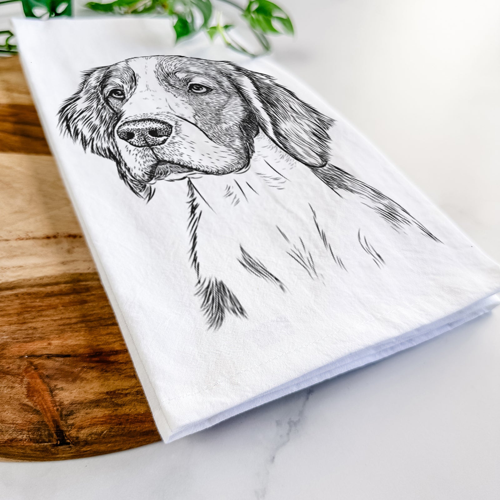 Hand-drawn sketch of Roxy the Welsh Springer Spaniel on a tea towel