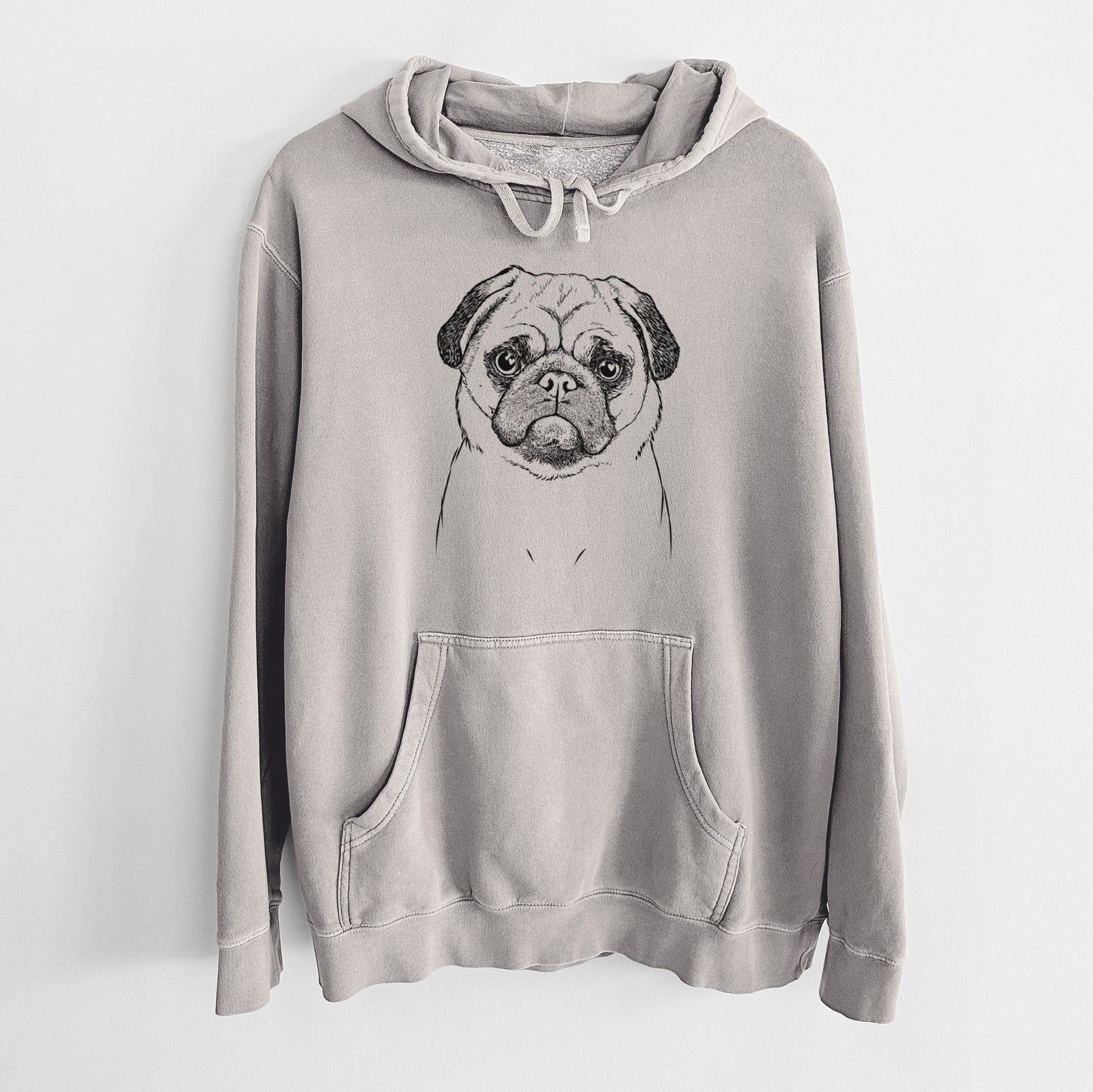 Hand-drawn sketch of Ruby the Pug on a Cement Unisex pigment dyed hoodie