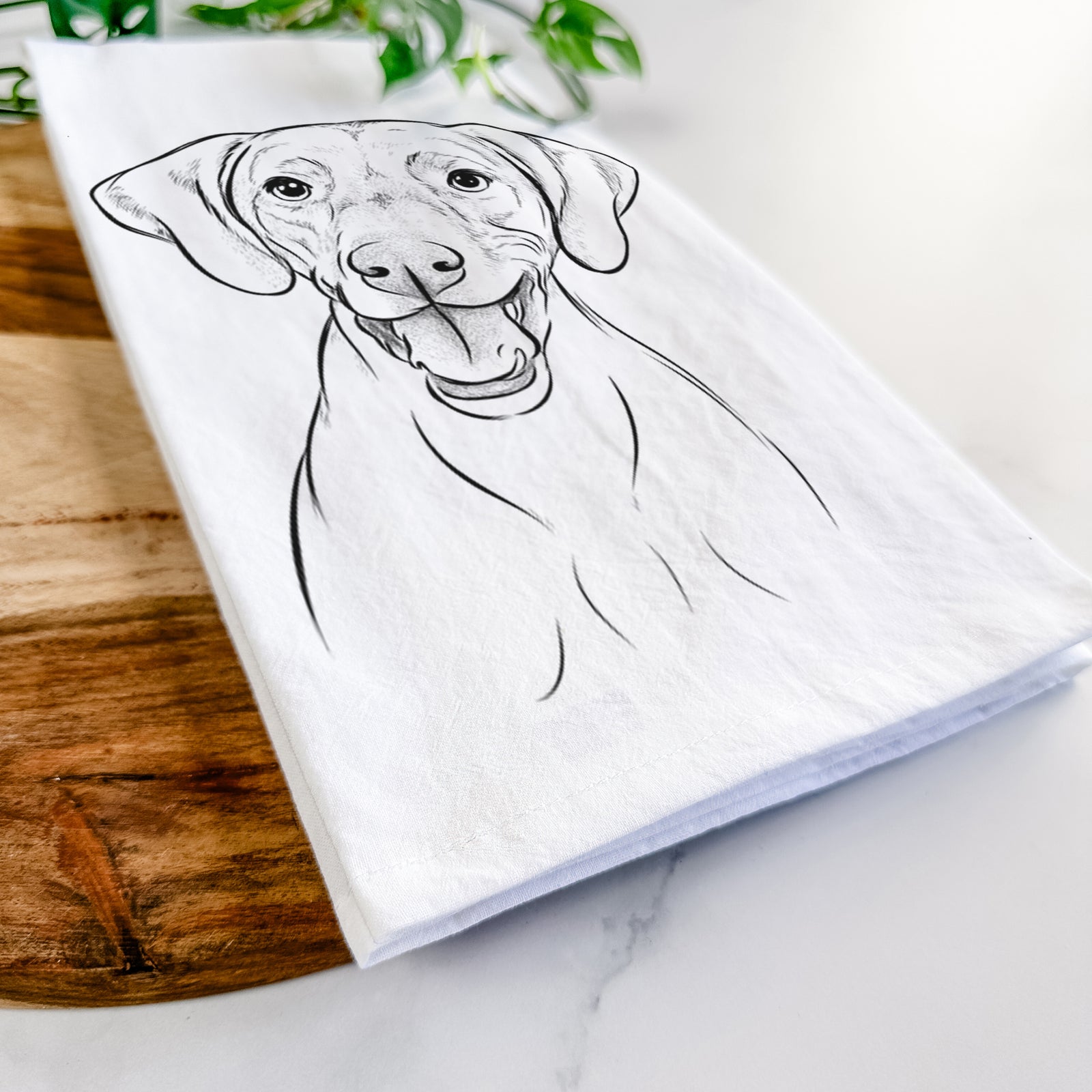 Hand-drawn sketch of Ruby the Vizsla on a tea towel