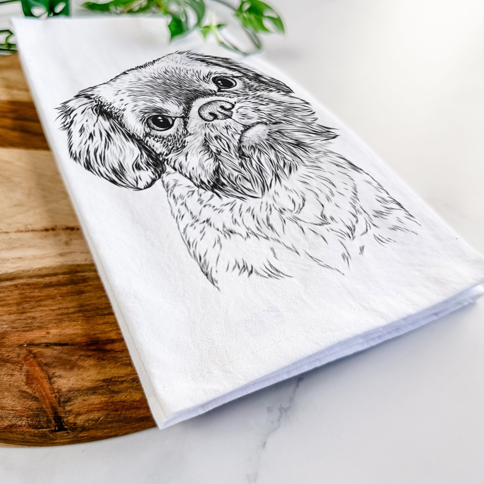 Hand-drawn sketch of Rufus the Shiffon on a tea towel