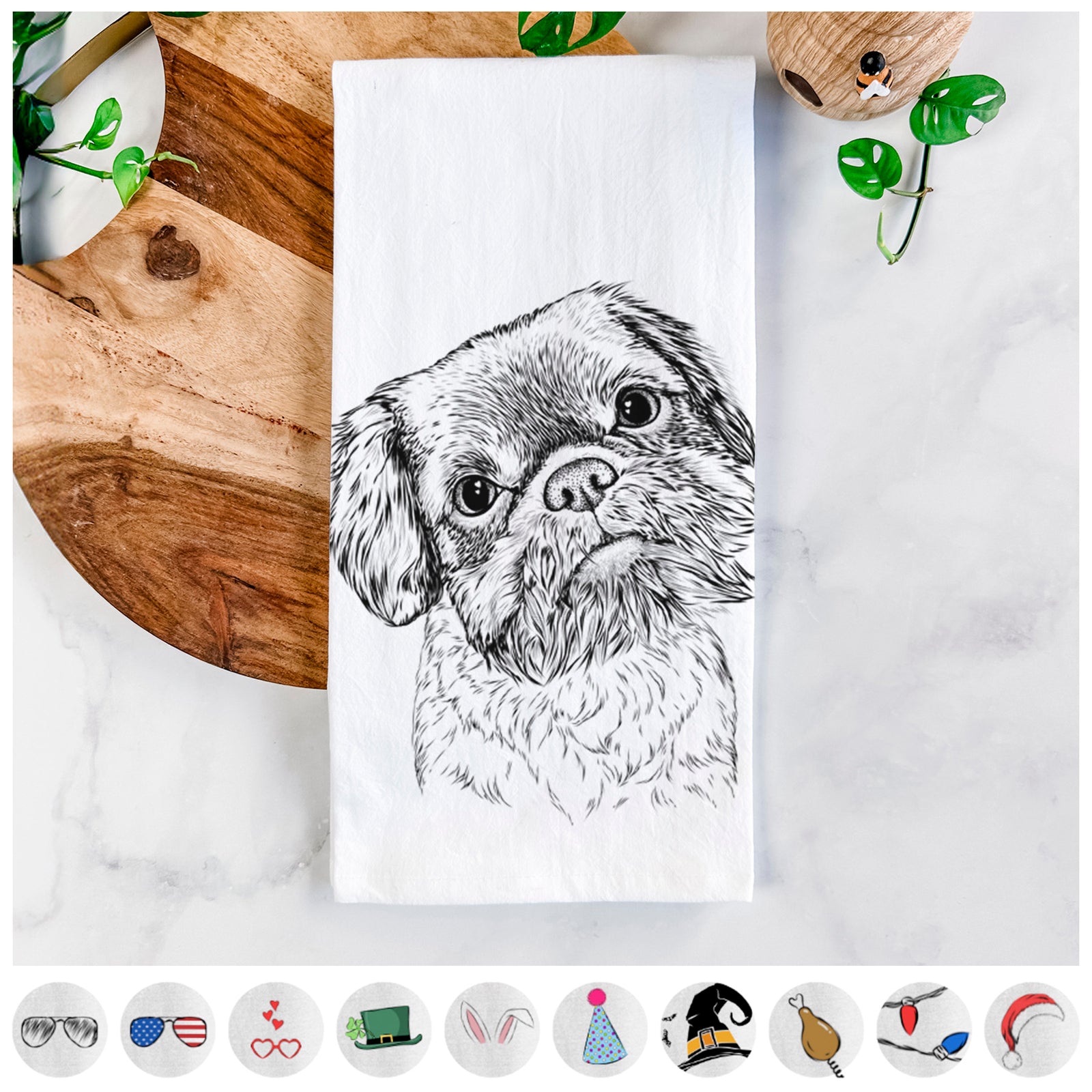 Hand-drawn sketch of Rufus the Shiffon on a tea towel, shown with icons of the other available costume styles