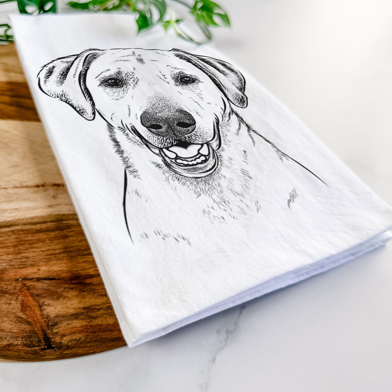Hand-drawn sketch of Rusty the Labrador Retriever on a tea towel