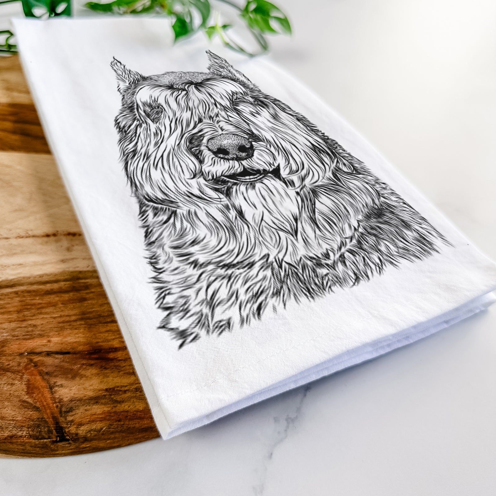 Hand-drawn sketch of Sabre the Bouvier Des Flandres on a tea towel