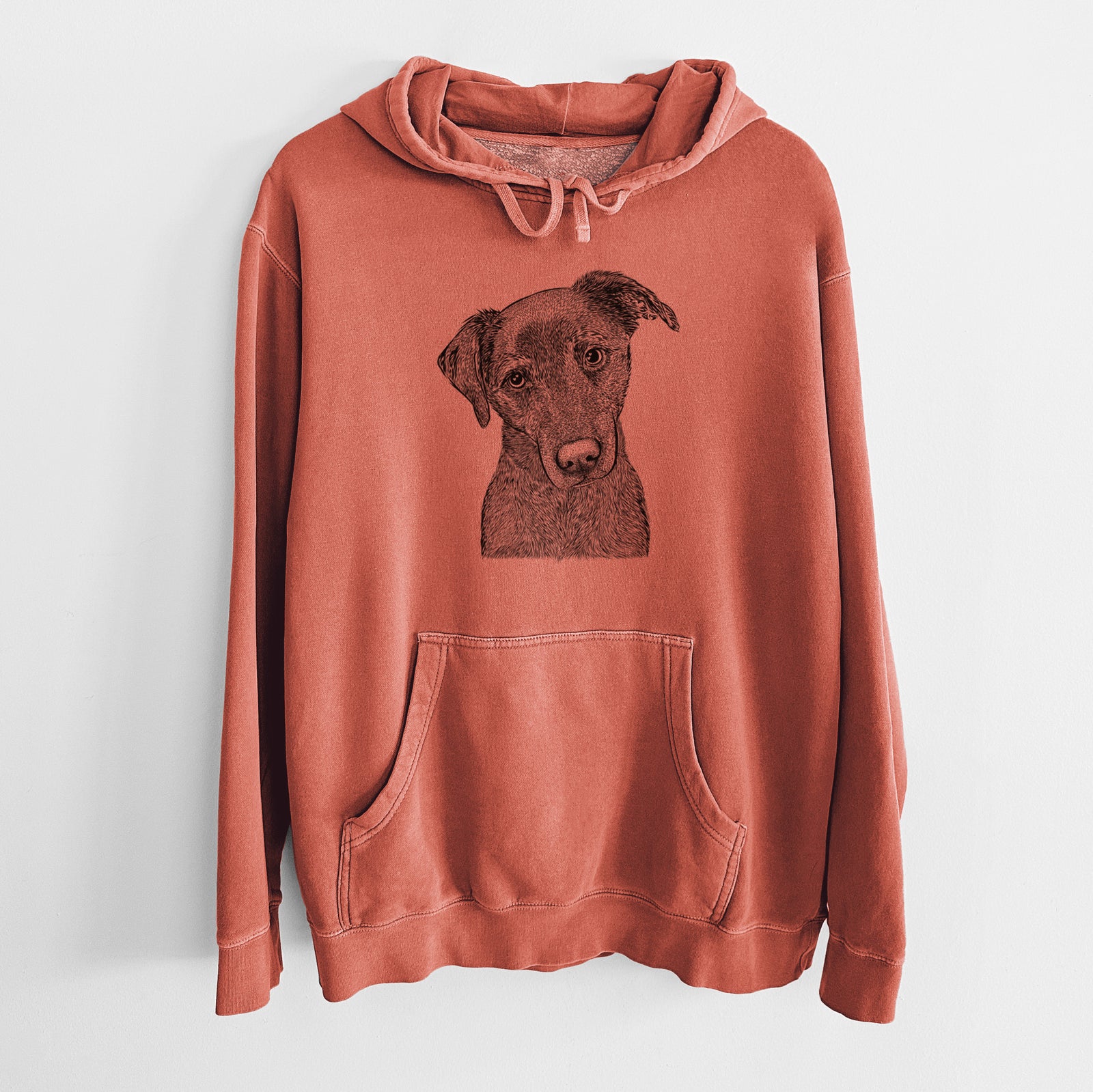 Hand-drawn sketch of Sadie the Whipador on an Amber Unisex pigment dyed hoodie