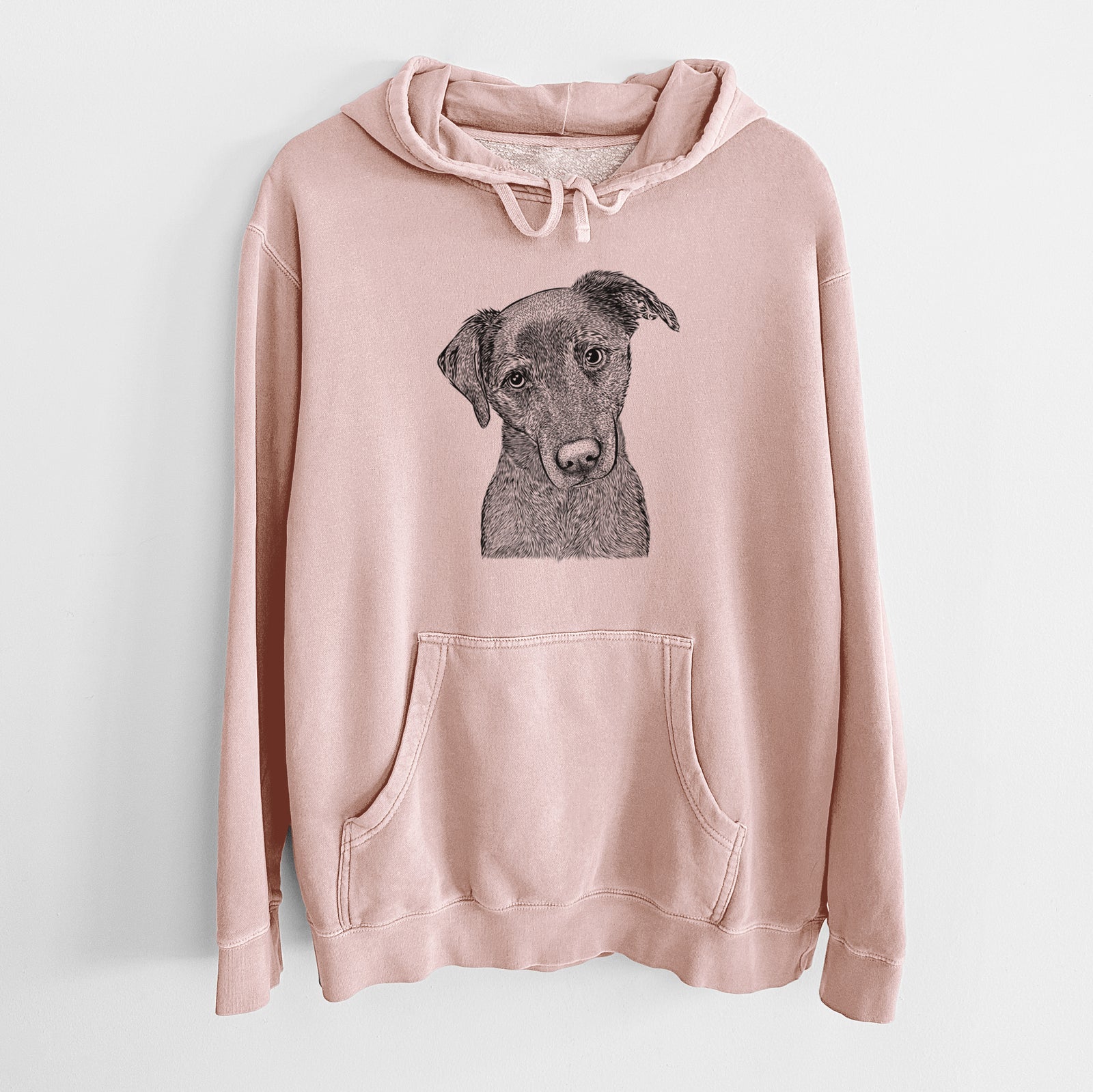 Hand-drawn sketch of Sadie the Whipador on a Dusty Pink Unisex pigment dyed hoodie