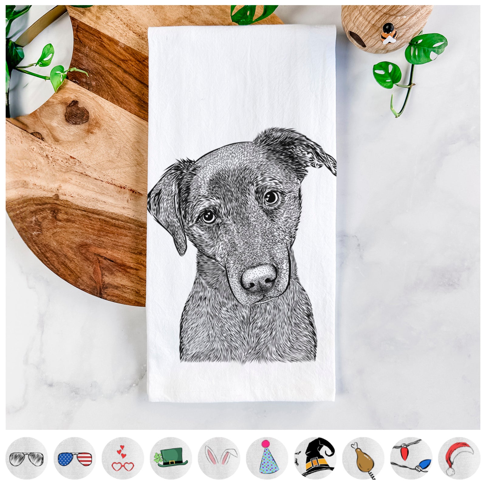 Hand-drawn sketch of Sadie the Whipador on a tea towel, shown with icons of the other available costume styles