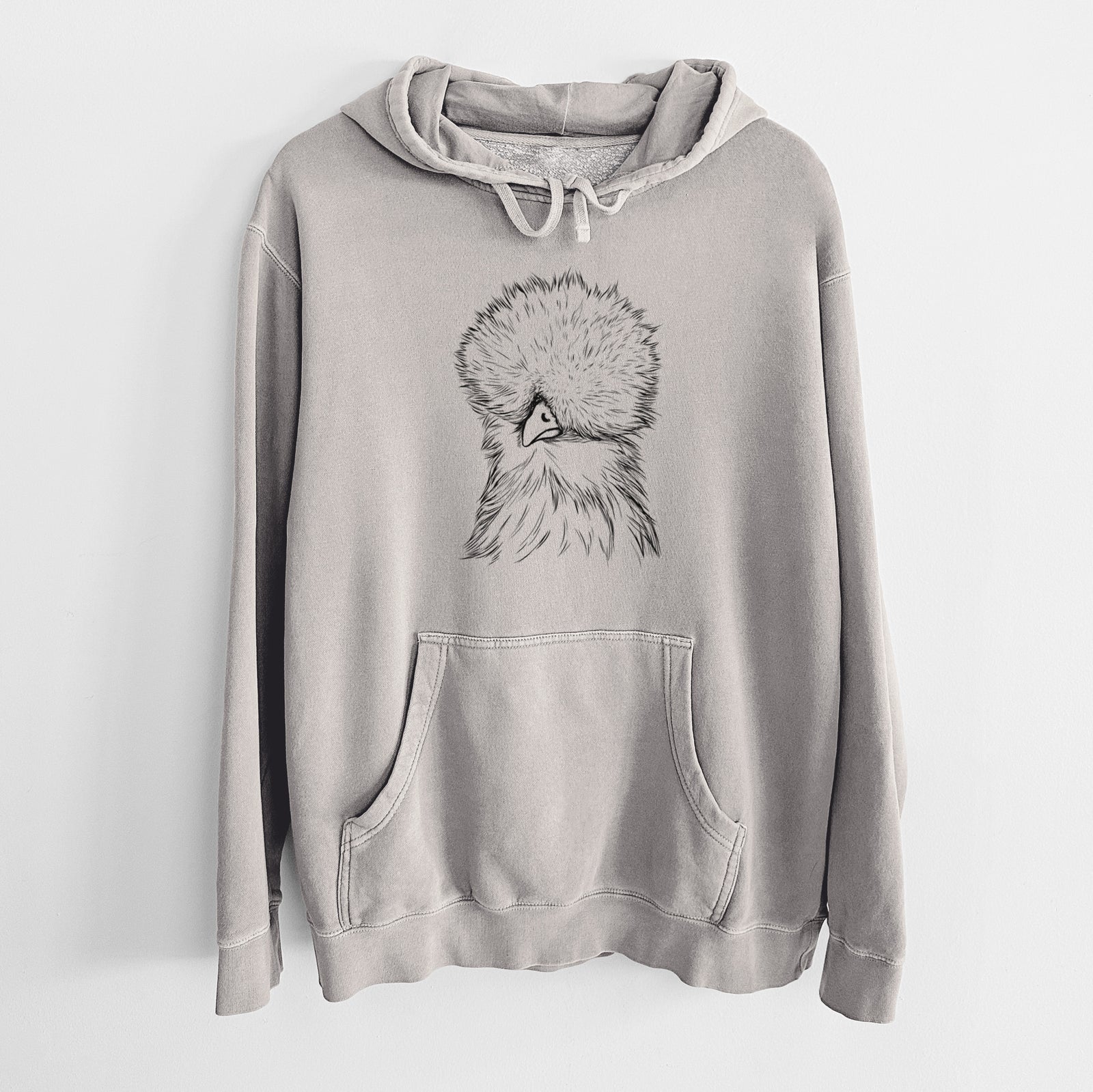 Hand-drawn sketch of Sally the Silkie Chicken on a Cement Unisex pigment dyed hoodie