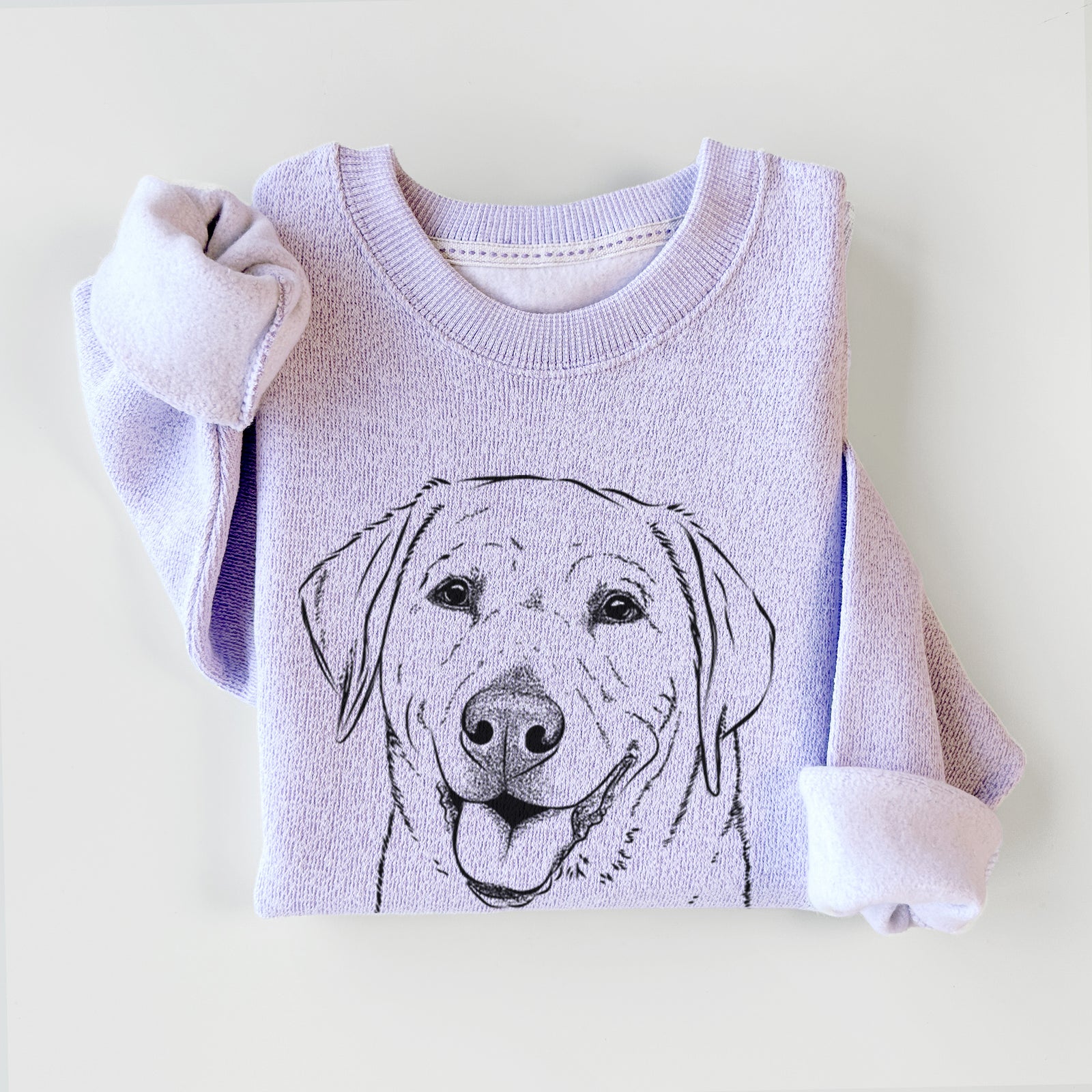 Hand-drawn sketch of Sanford the Labrador Retriever on an Ice Purple knit sweatshirt