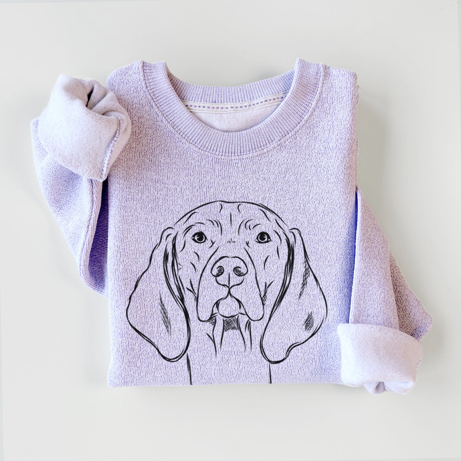 Hand-drawn sketch of Sawyer the Vizsla on an Ice Purple knit sweatshirt
