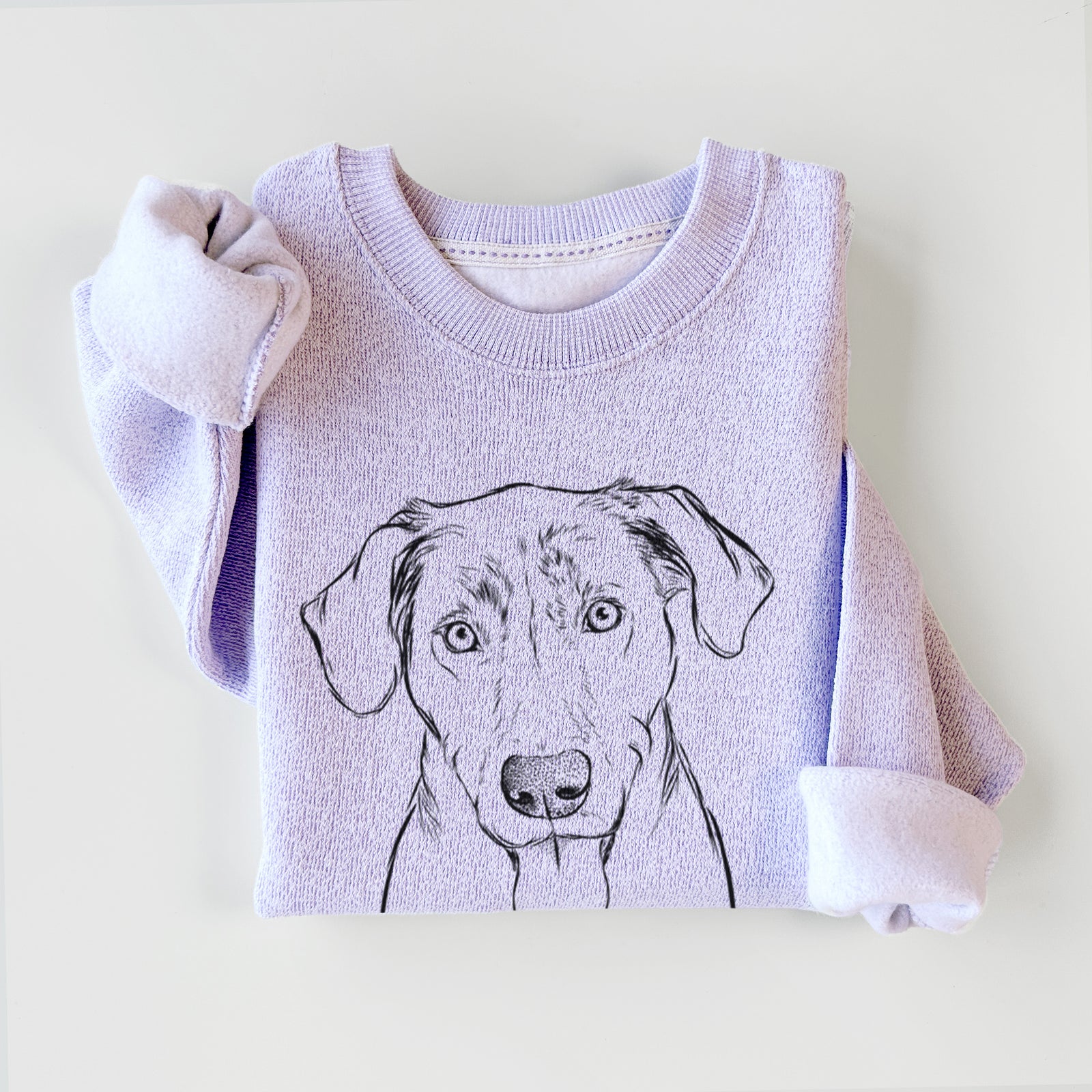 Hand-drawn sketch of Scout Marie the Chocolate Lab on an Ice Purple knit sweatshirt