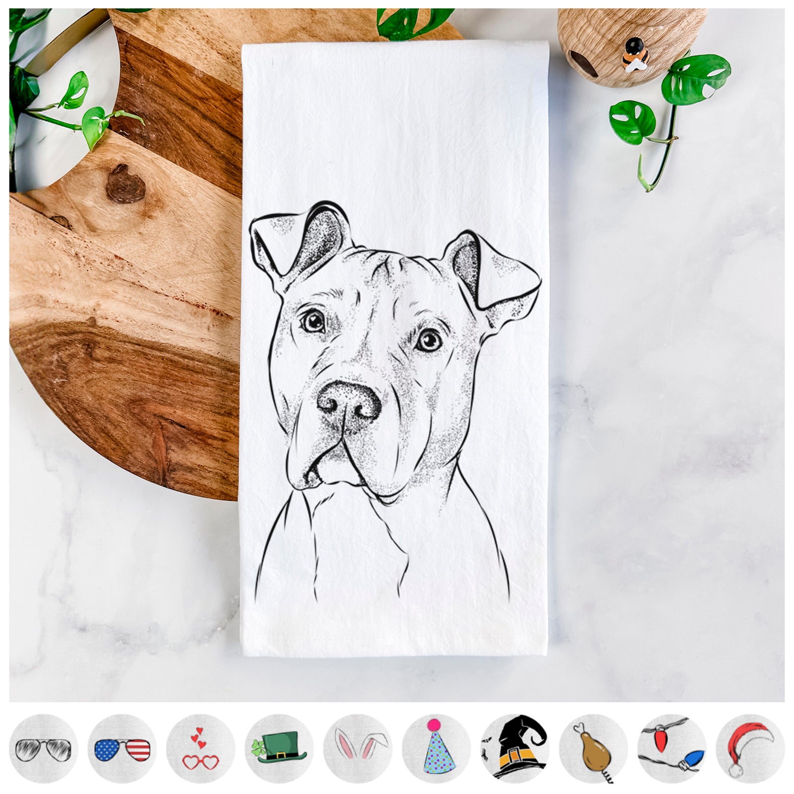 Hand-drawn sketch of Scraps the American Staffordshire Mix on a tea towel, shown with icons of the other available costume styles