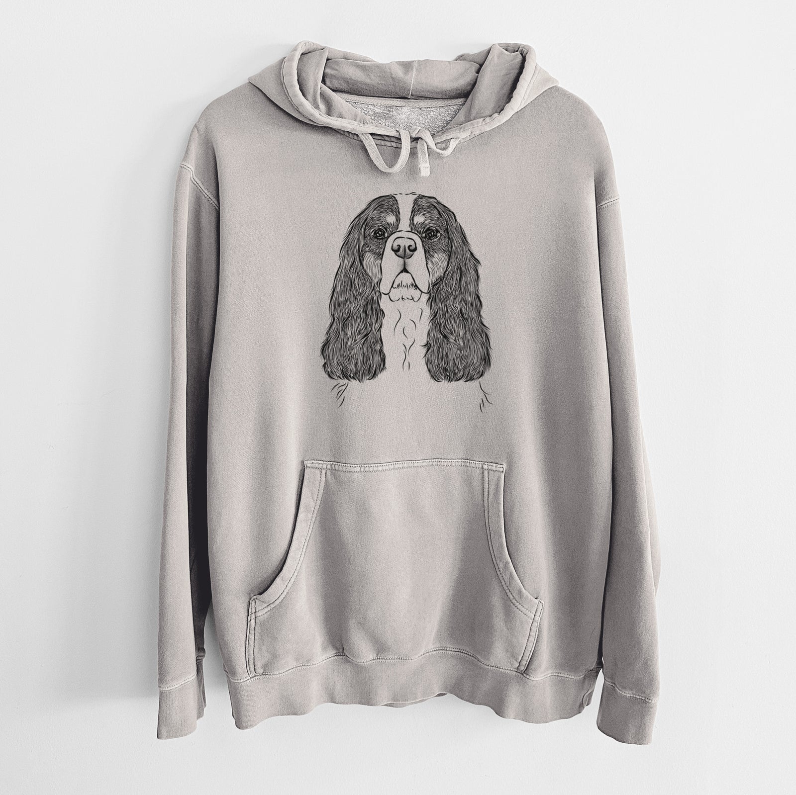 Hand-drawn sketch of Sebastian the Cavalier King Charles Spaniel on a Cement Unisex pigment dyed hoodie