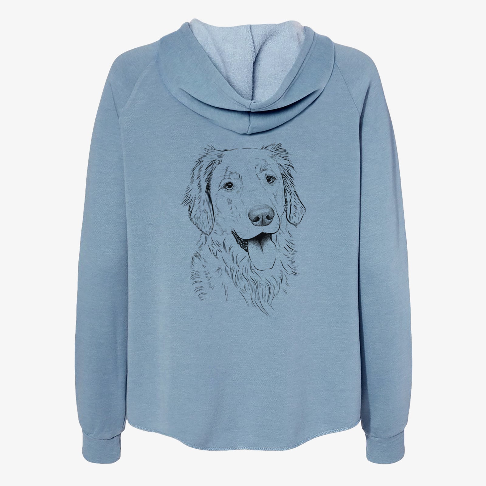 Hand-drawn sketch of Semba the Golden Retriever on a Misty Blue Women's cali wave zip-up sweatshirt