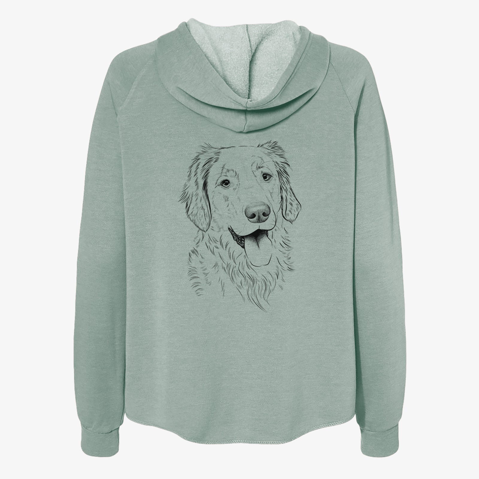 Hand-drawn sketch of Semba the Golden Retriever on a Sage Women's cali wave zip-up sweatshirt