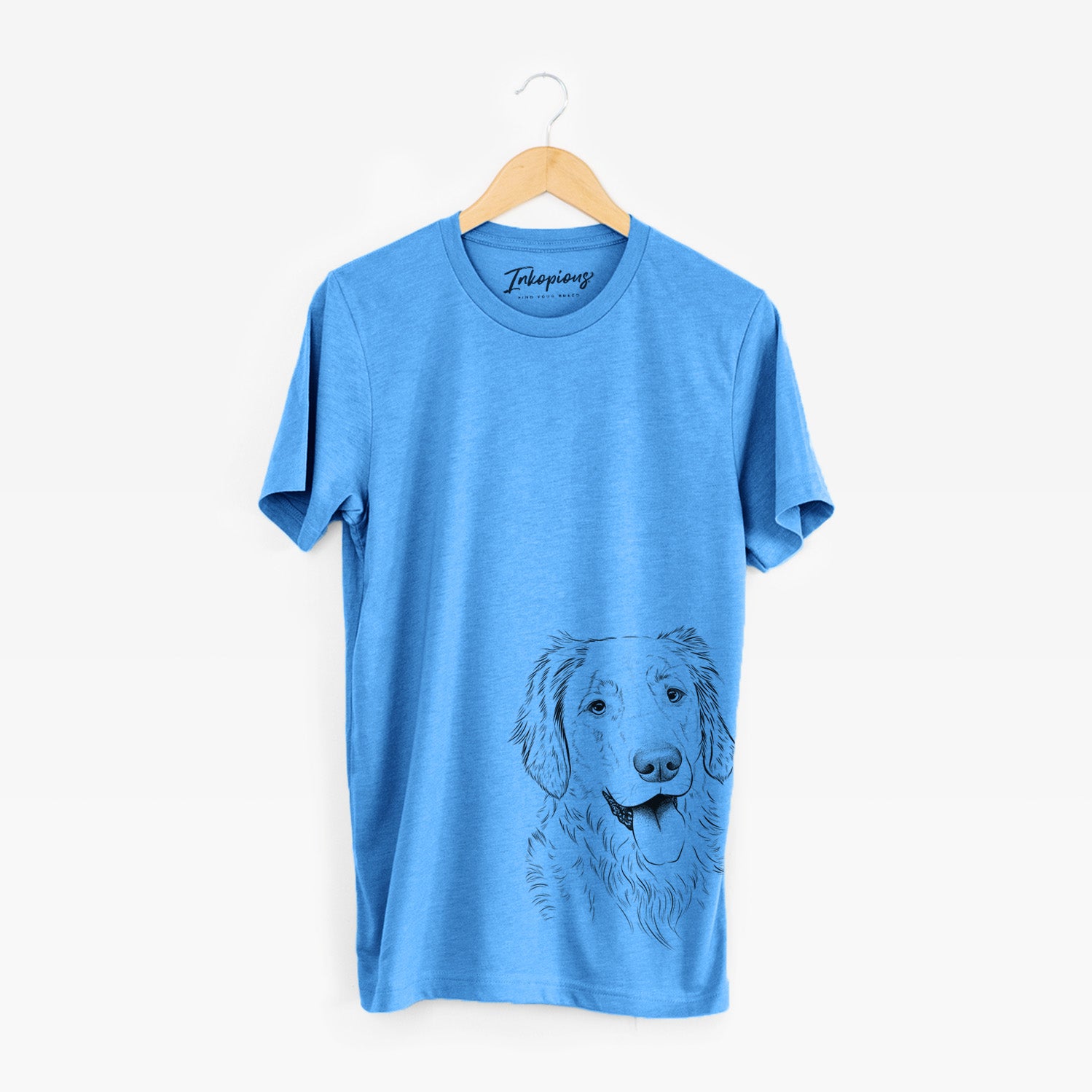 Hand-drawn sketch of Semba the Golden Retriever on a Blue Unisex crewneck