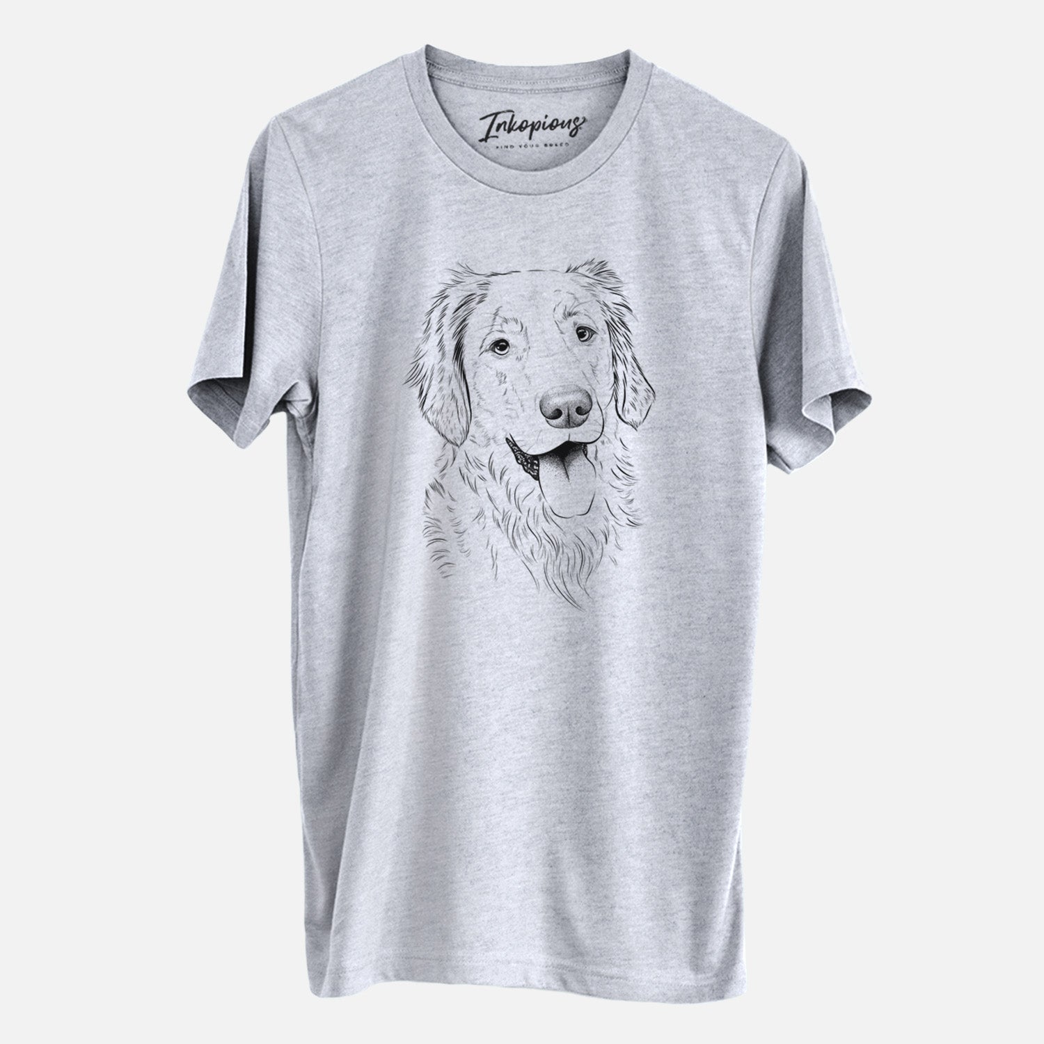 Hand-drawn sketch of Semba the Golden Retriever on a Grey Unisex crewneck