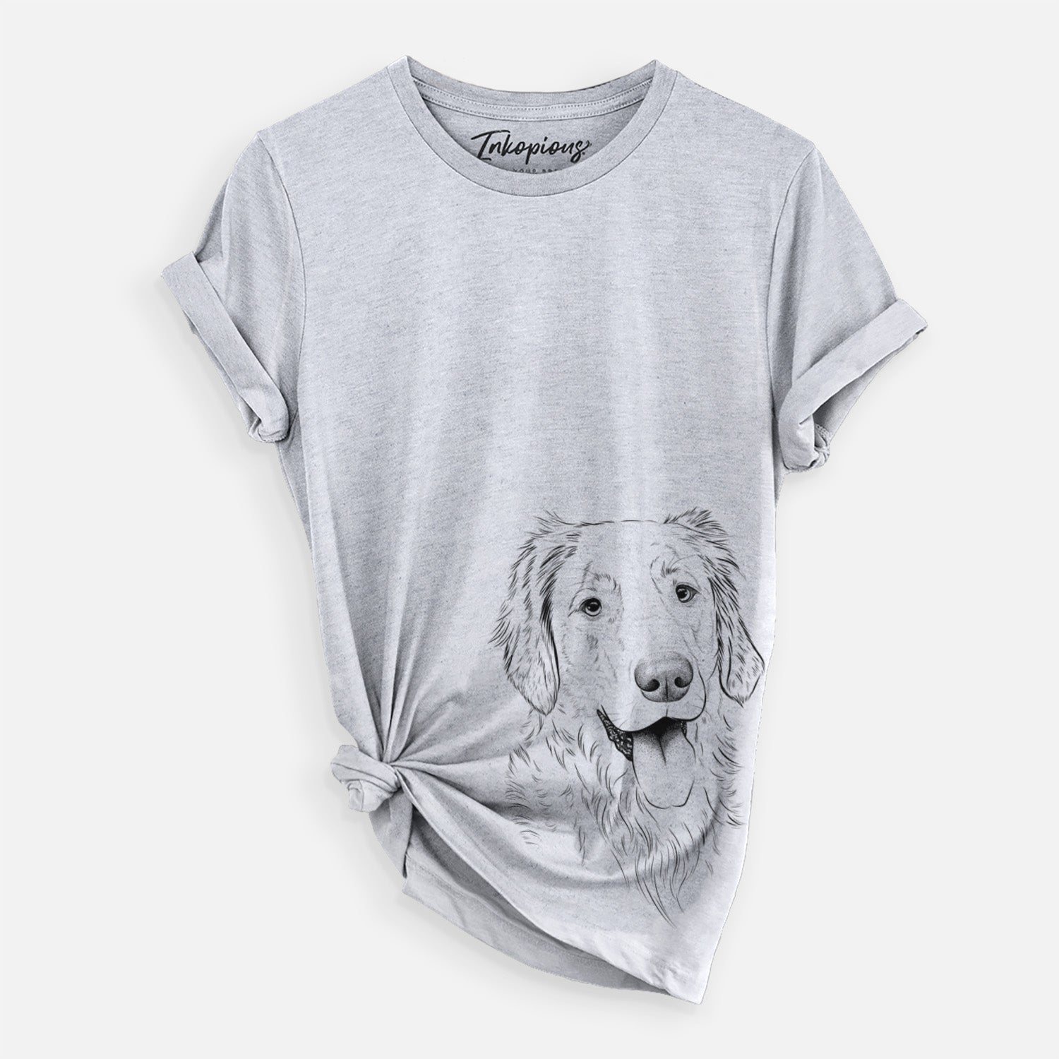 Hand-drawn sketch of Semba the Golden Retriever on a Grey Unisex crewneck