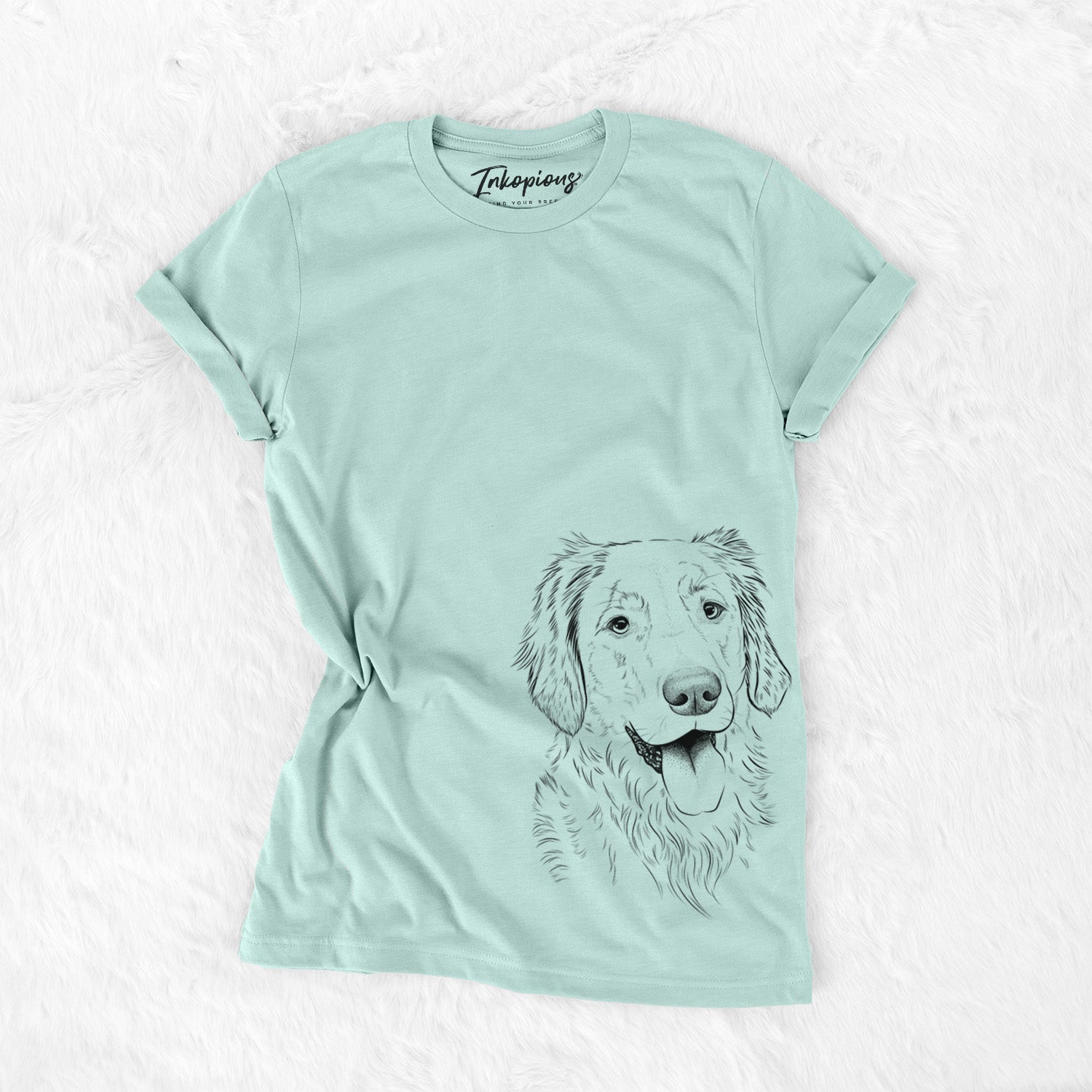 Hand-drawn sketch of Semba the Golden Retriever on a Heather Sage Unisex crewneck