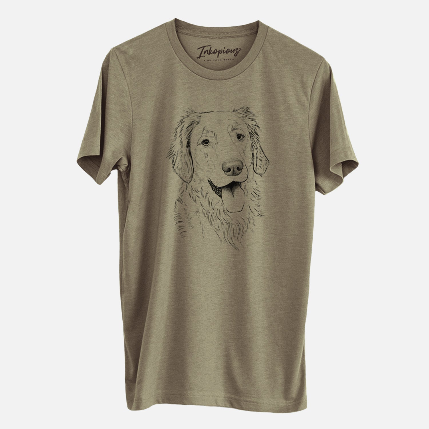 Hand-drawn sketch of Semba the Golden Retriever on an Olive Unisex crewneck