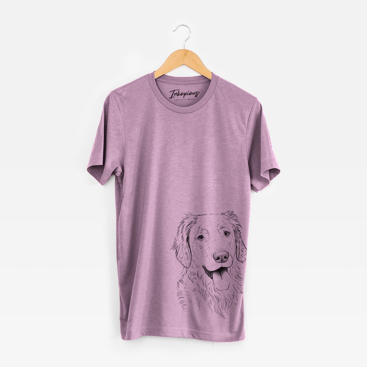 Hand-drawn sketch of Semba the Golden Retriever on an Orchid Unisex crewneck