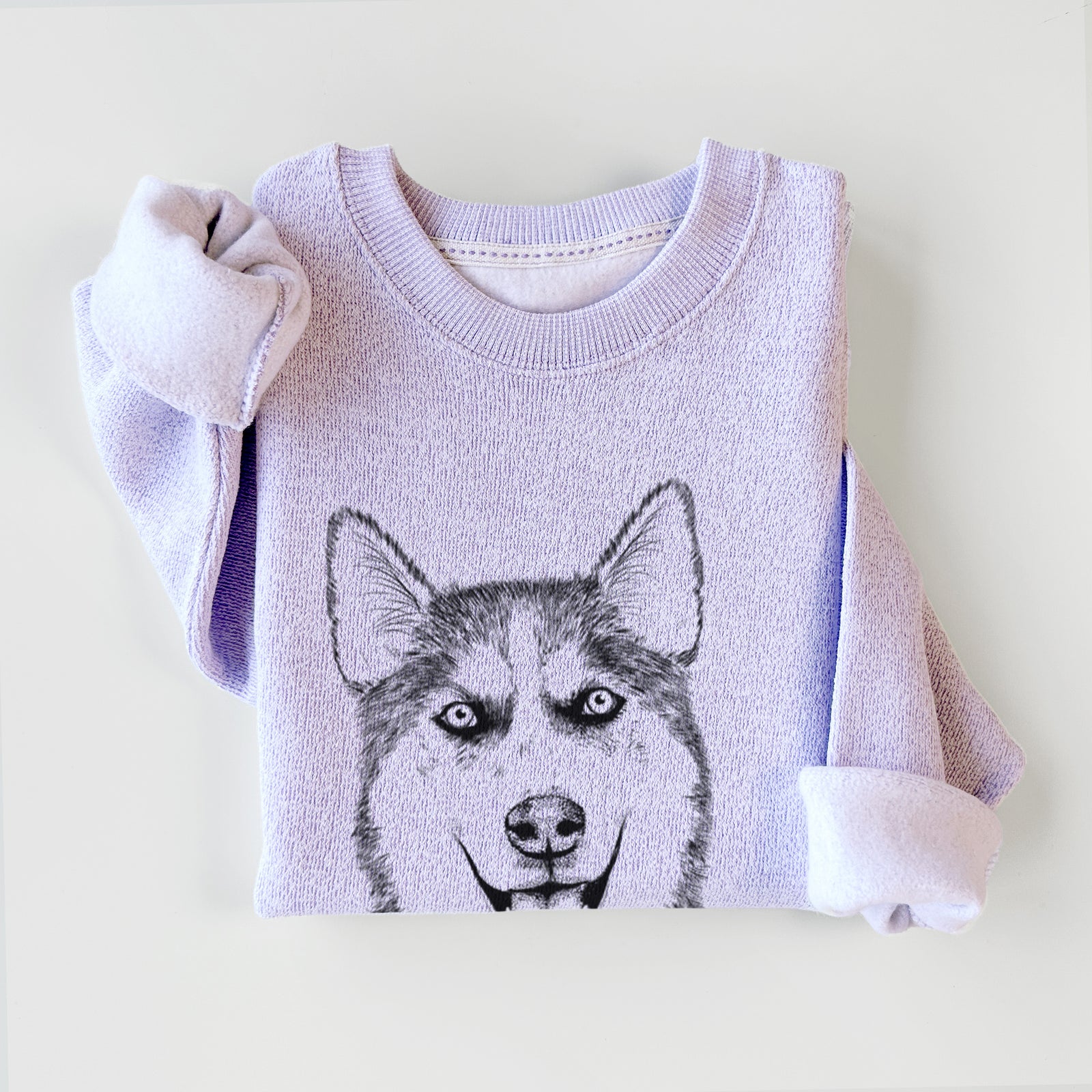 Hand-drawn sketch of Sesi the Siberian Husky on an Ice Purple knit sweatshirt