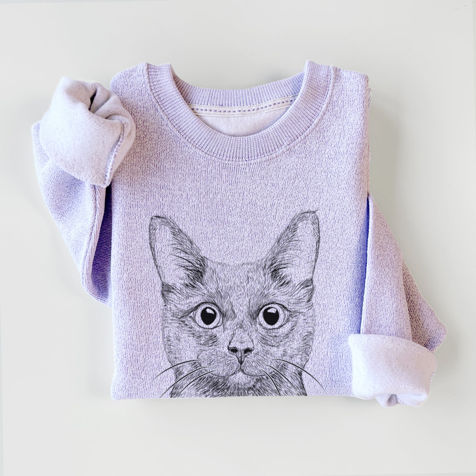 Hand-drawn sketch of Shadow the Black Cat on an Ice Purple knit sweatshirt