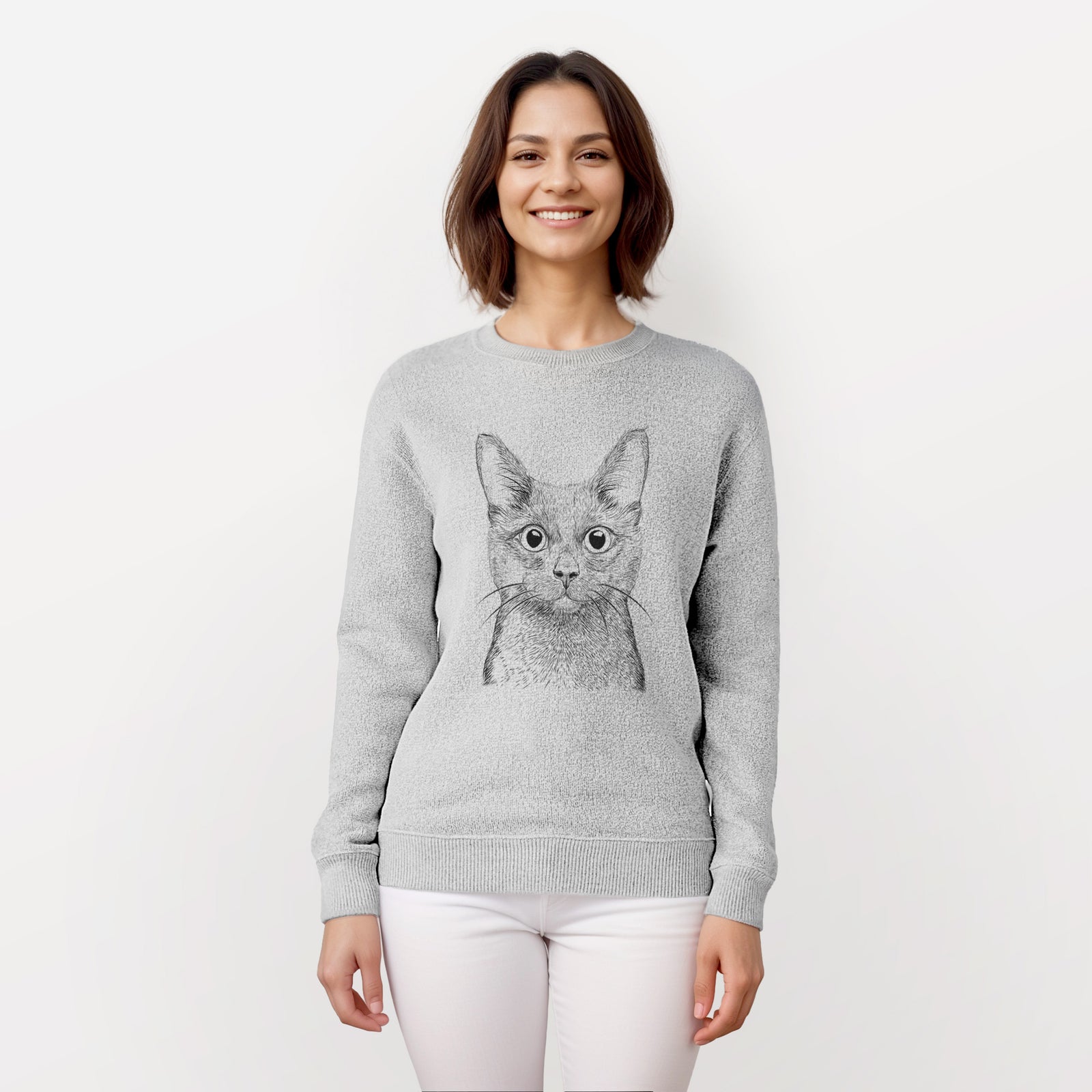 Hand-drawn sketch of Shadow the Black Cat on a knit sweatshirt, worn by a woman