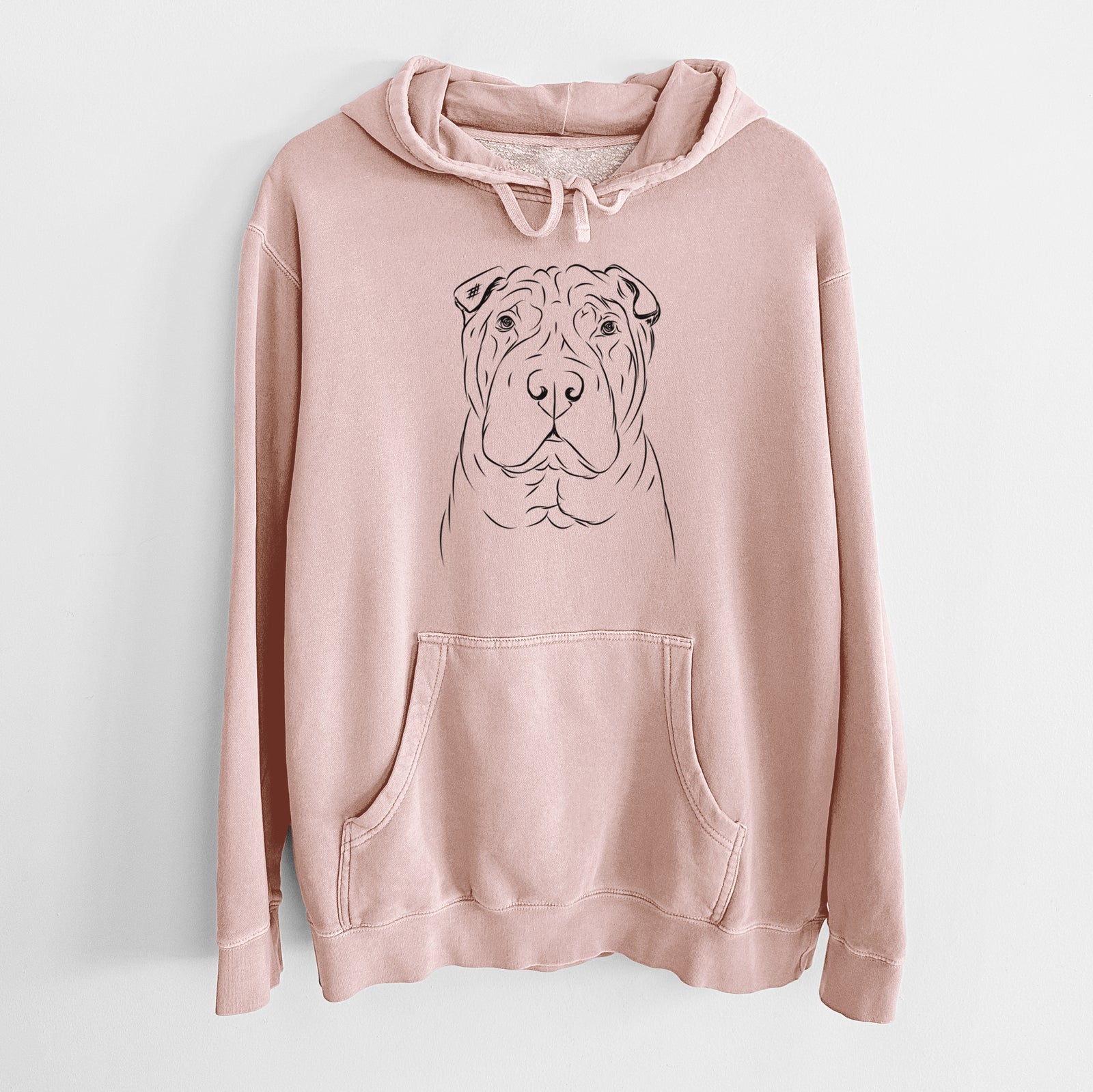 Hand-drawn sketch of Sharpy the Shar Pei on a Dusty Pink Unisex pigment dyed hoodie