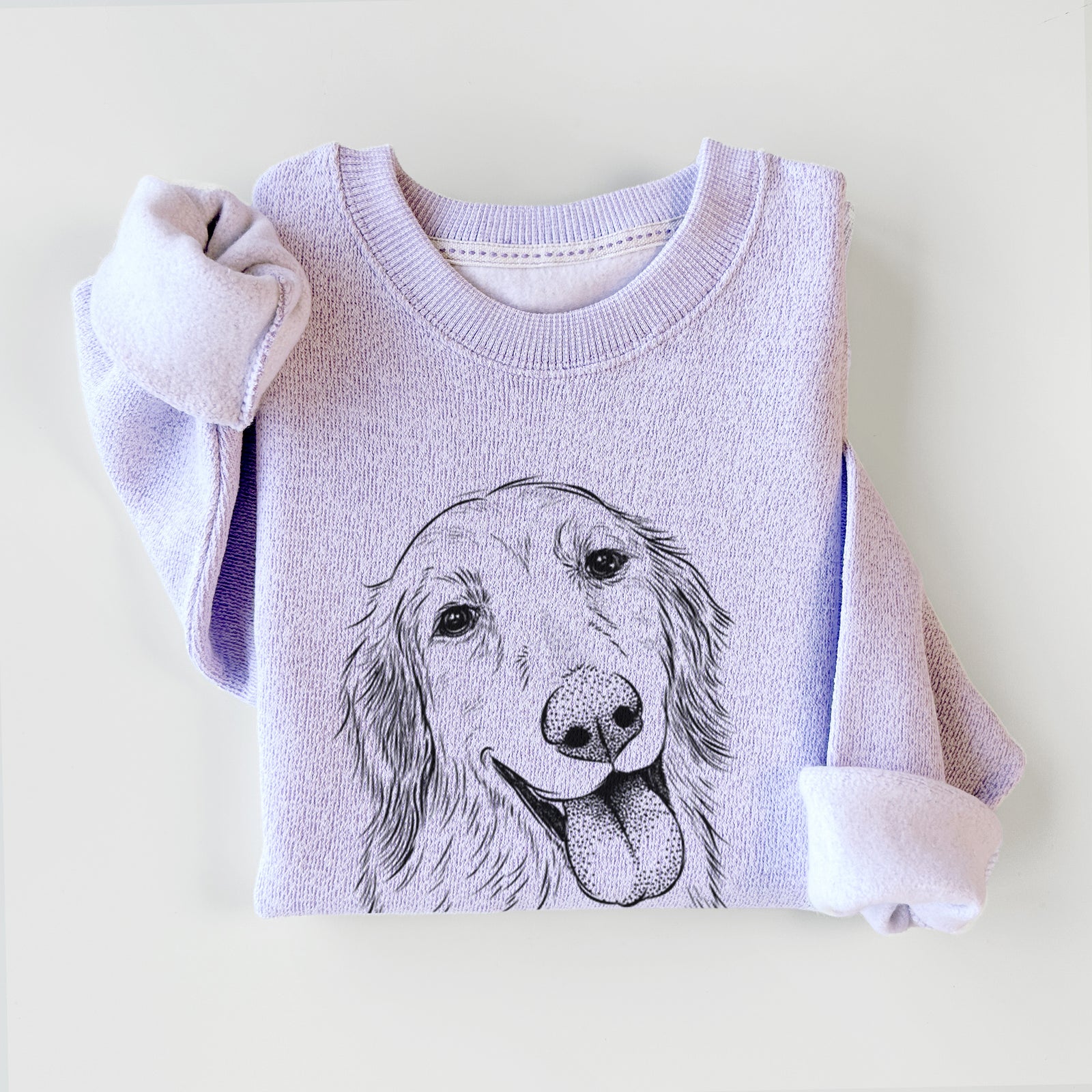 Hand-drawn sketch of Shelby the Golden Retriever on an Ice Purple knit sweatshirt