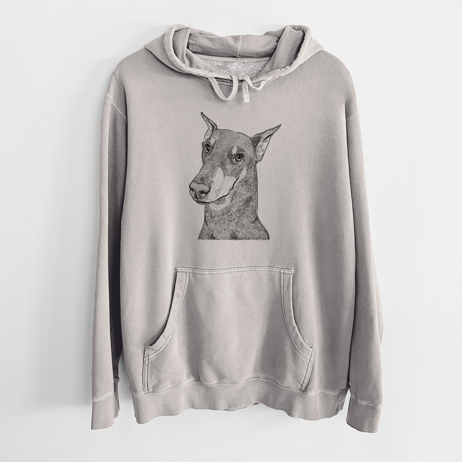 Hand-drawn sketch of Shelby the Doberman Pinscher on a Cement Unisex pigment dyed hoodie