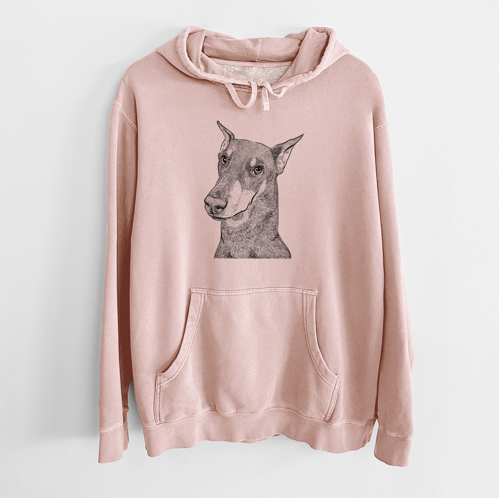 Hand-drawn sketch of Shelby the Doberman Pinscher on a Dusty Pink Unisex pigment dyed hoodie