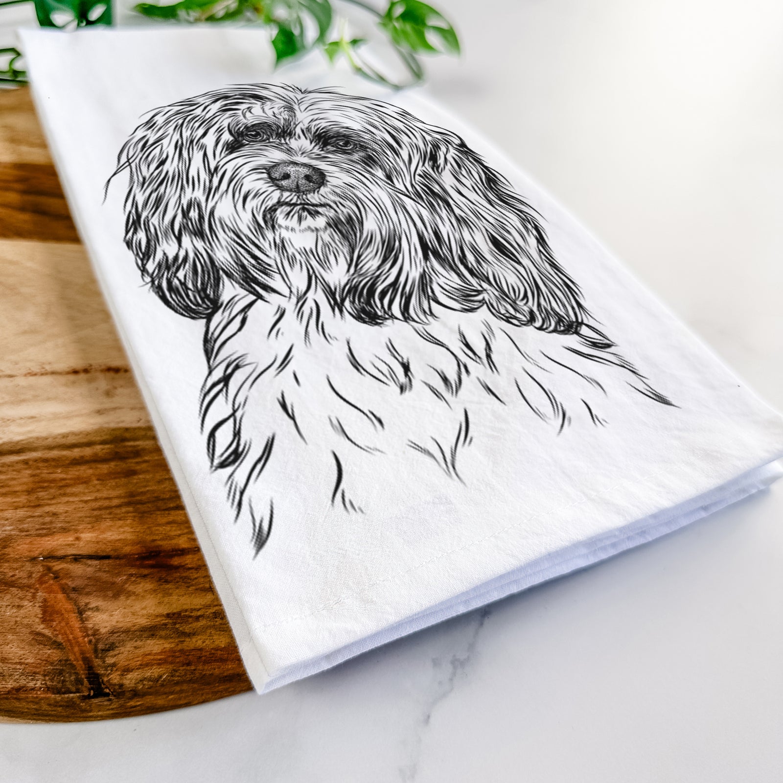 Hand-drawn sketch of Shenpa the Tibetan Terrier on a tea towel
