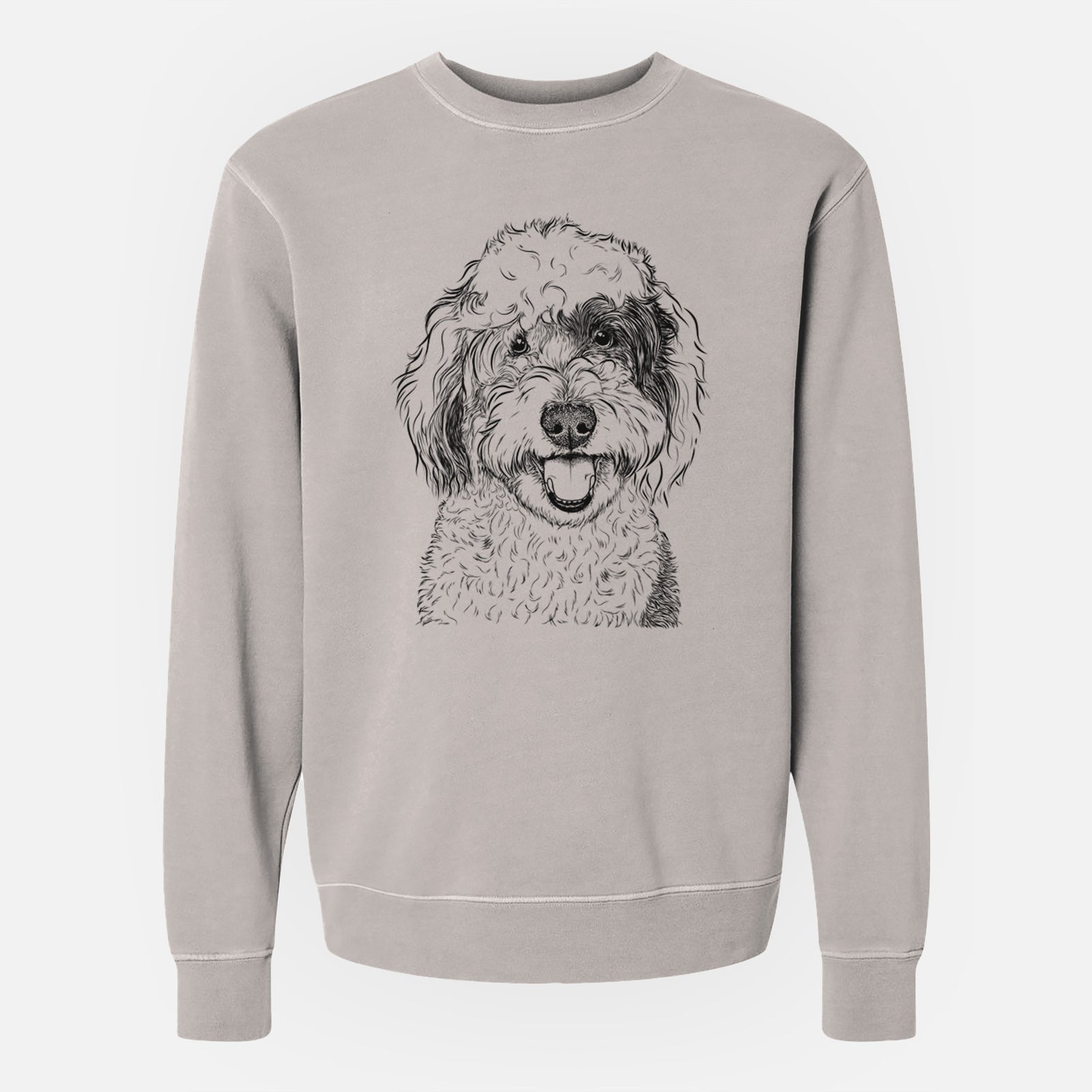 Hand-drawn sketch of Sherlock the Sheepadoodle on a Cement Unisex pigment dyed crew sweatshirt