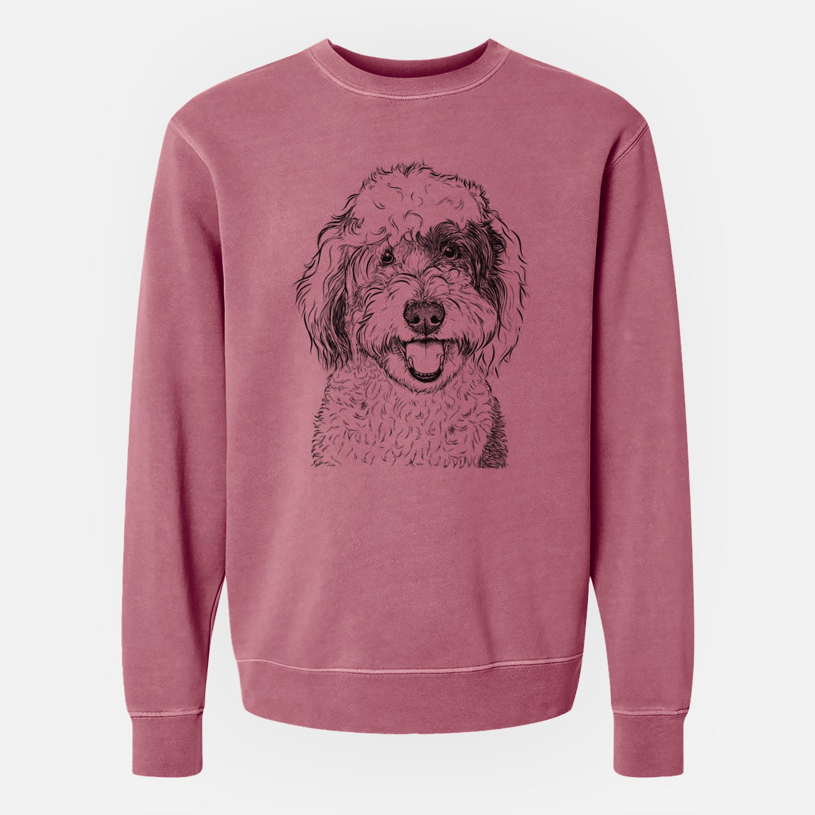 Hand-drawn sketch of Sherlock the Sheepadoodle on a Maroon Unisex pigment dyed crew sweatshirt