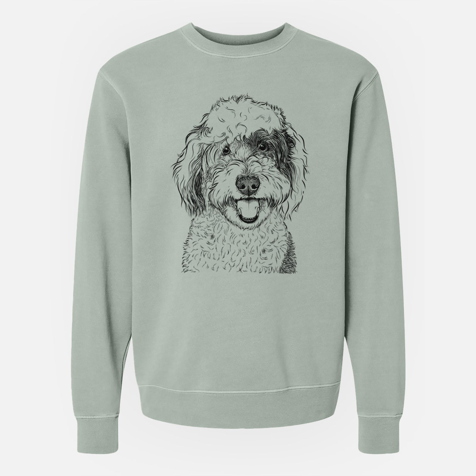 Hand-drawn sketch of Sherlock the Sheepadoodle on a Sage Unisex pigment dyed crew sweatshirt