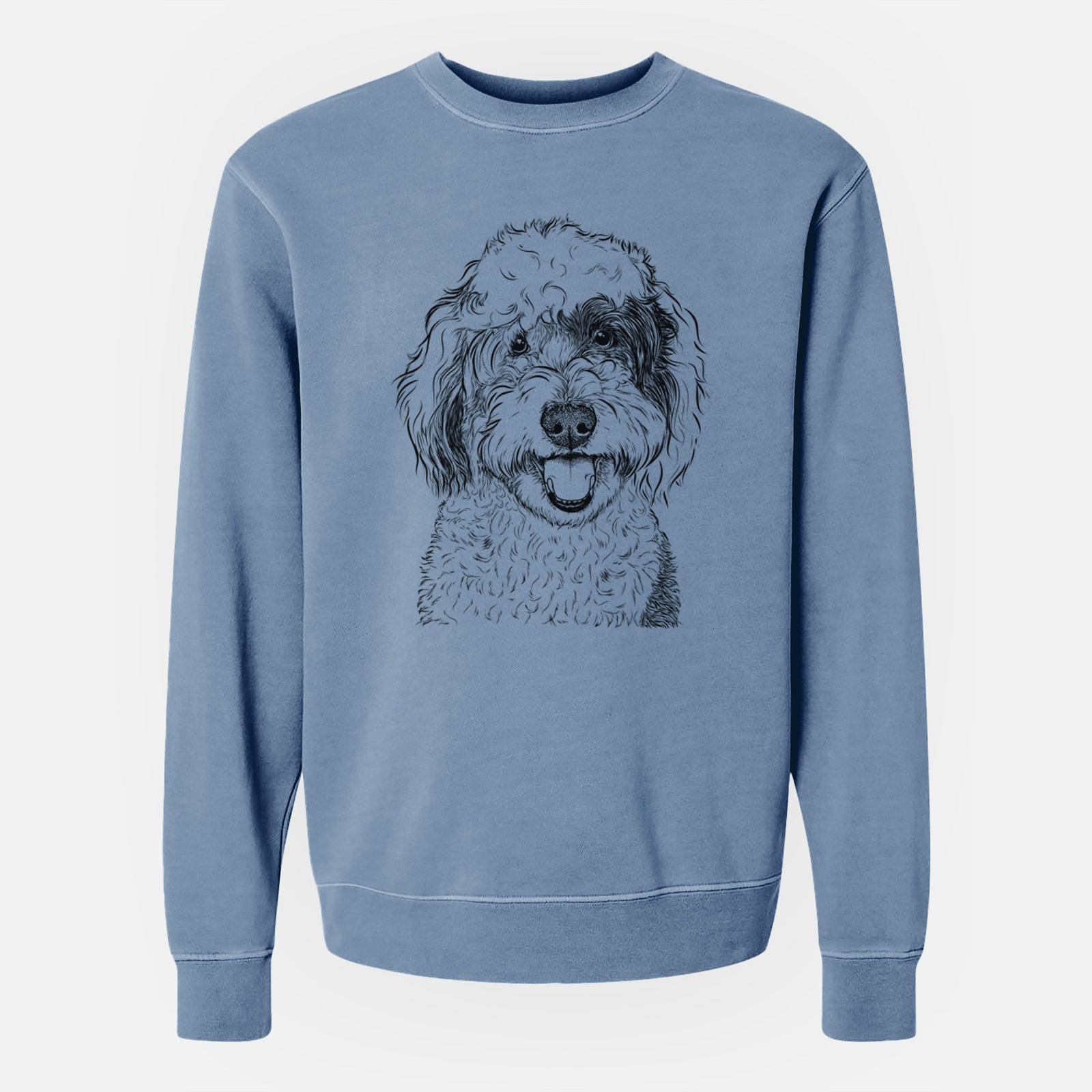 Hand-drawn sketch of Sherlock the Sheepadoodle on a Slate Blue Unisex pigment dyed crew sweatshirt