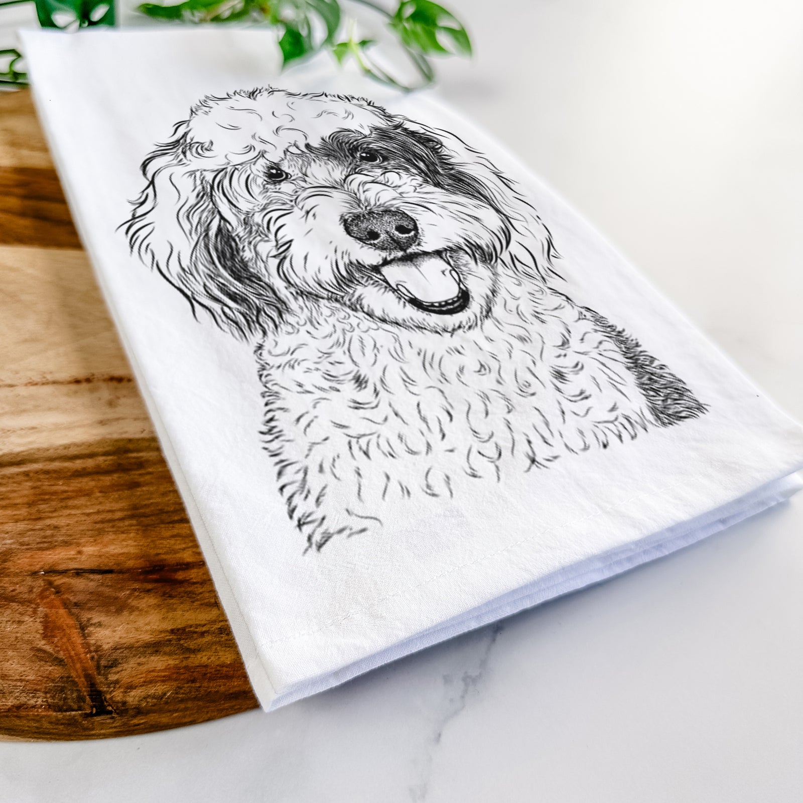 Hand-drawn sketch of Sherlock the Sheepadoodle on a tea towel