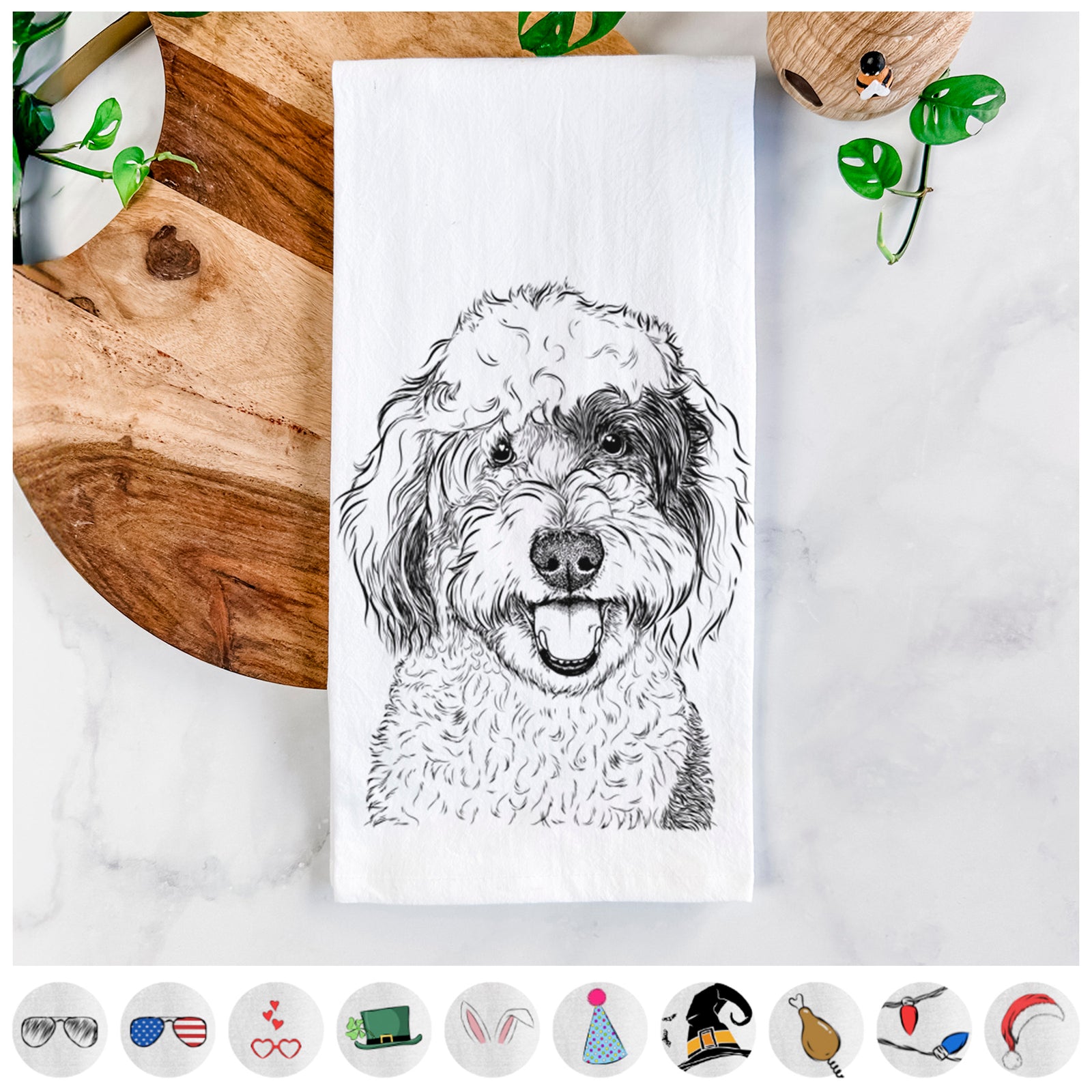 Hand-drawn sketch of Sherlock the Sheepadoodle on a tea towel, shown with icons of the other available costume styles