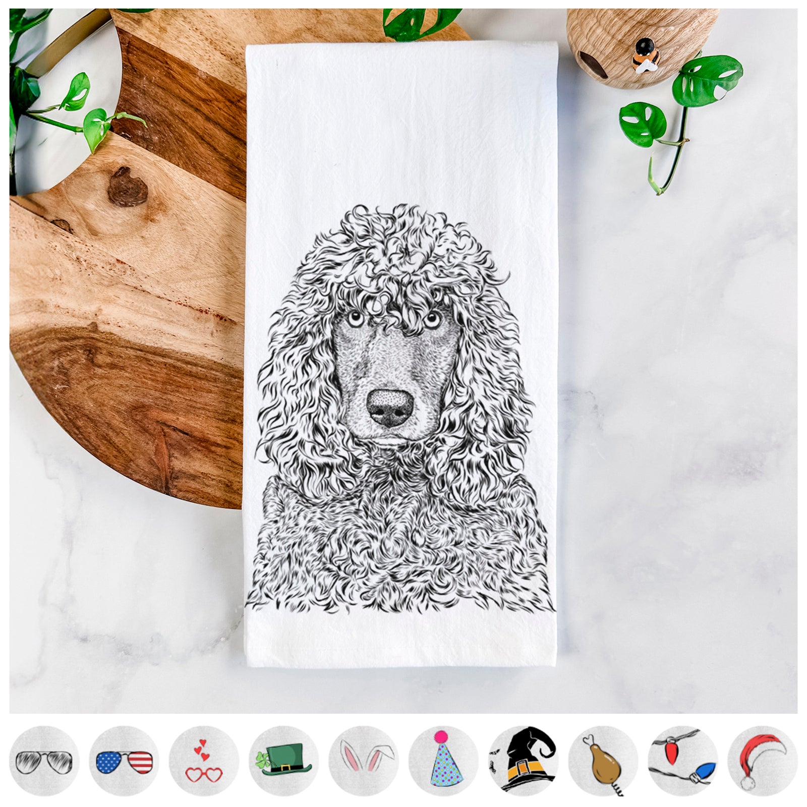 Hand-drawn sketch of Shilo the Irish Water Spaniel on a tea towel, shown with icons of the other available costume styles