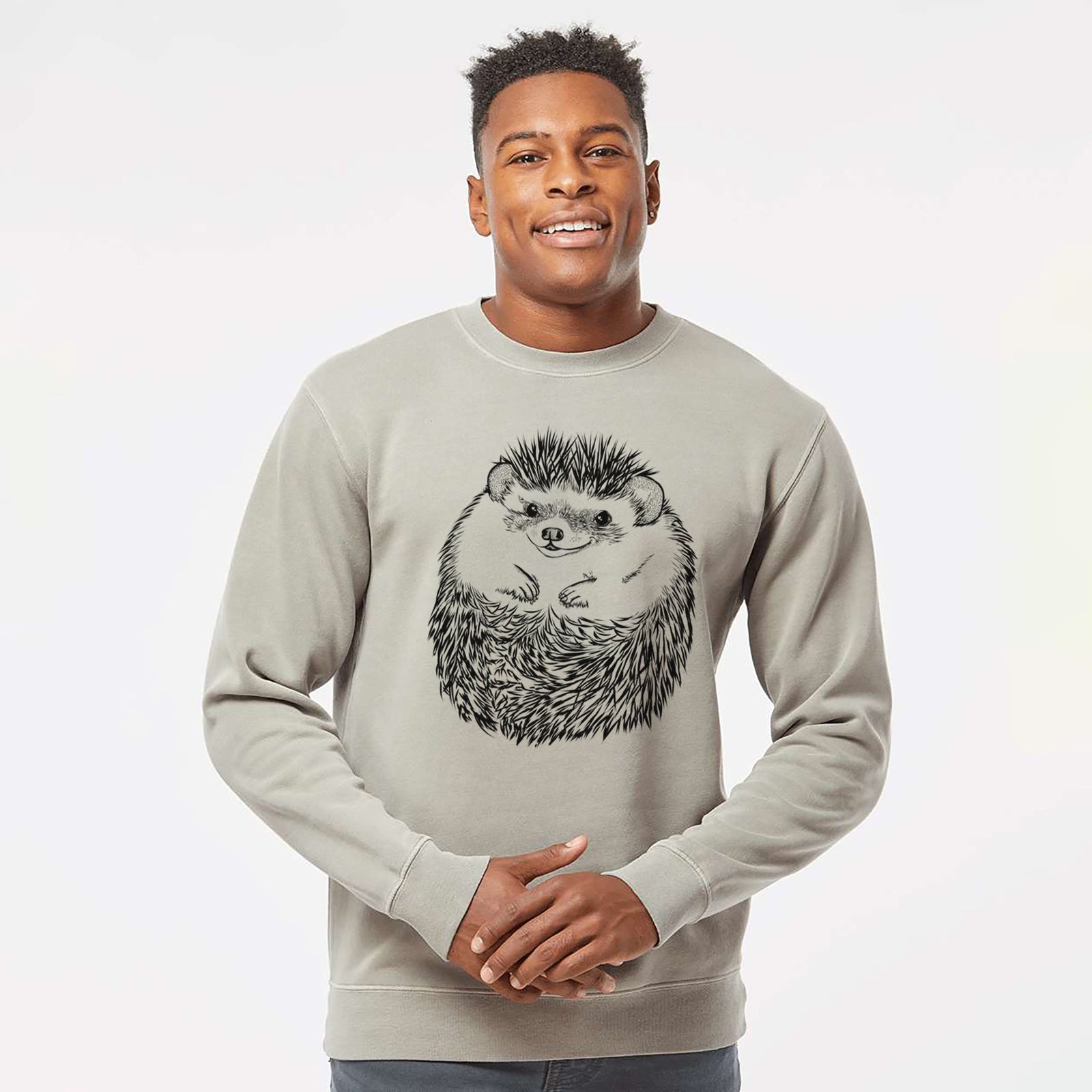 Hand-drawn sketch of Sid the Hedgehog on a Cement Unisex pigment dyed crew sweatshirt