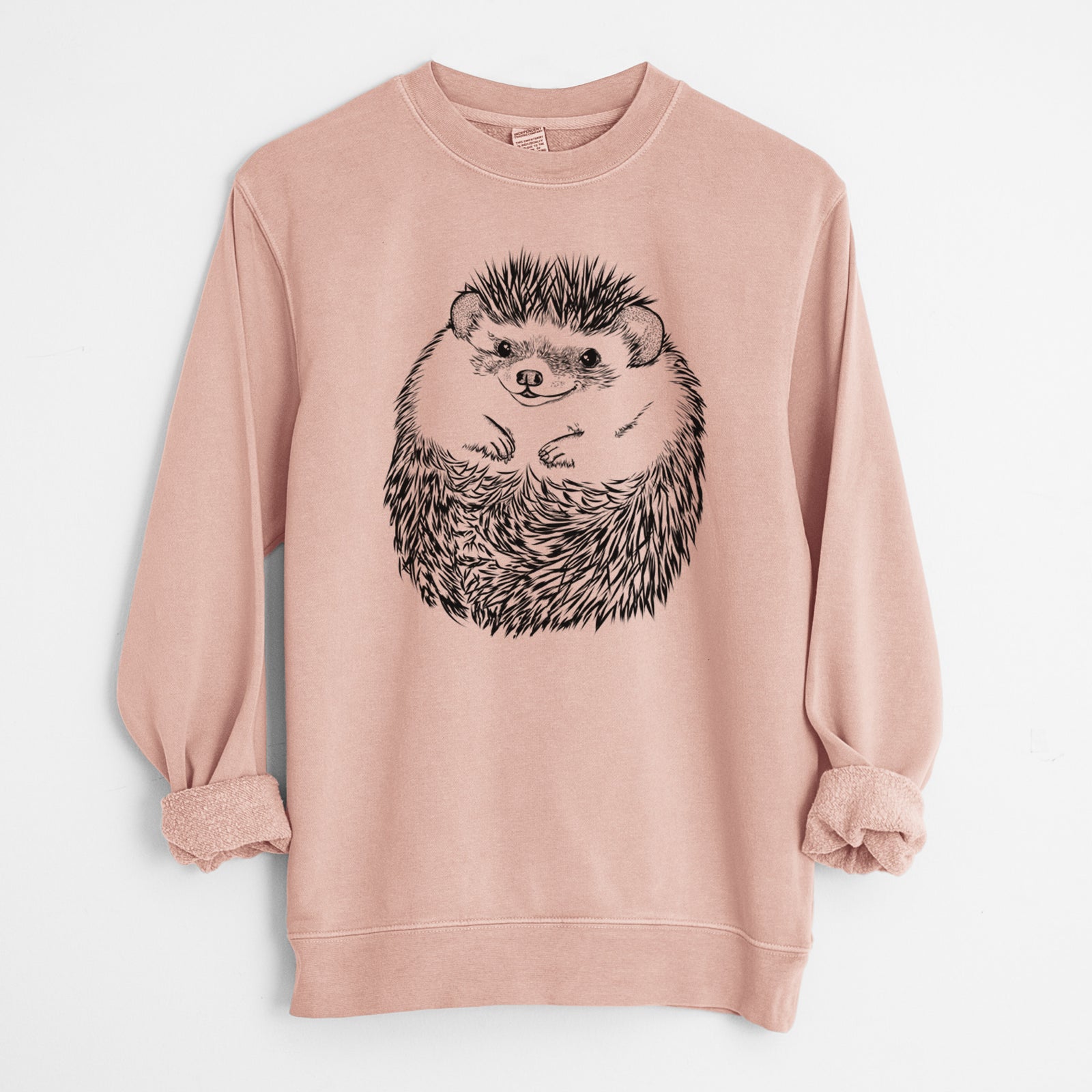 Hand-drawn sketch of Sid the Hedgehog on a Dusty Pink Unisex pigment dyed crew sweatshirt
