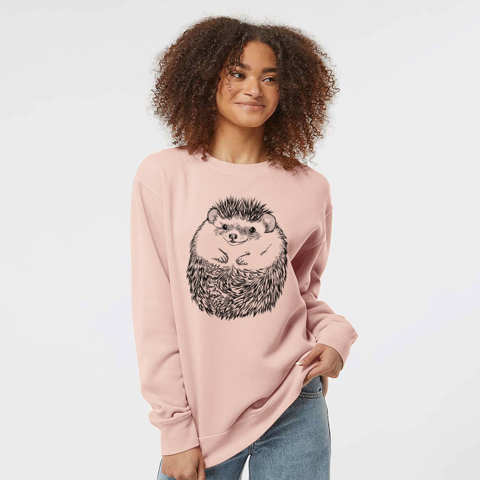 Hand-drawn sketch of Sid the Hedgehog on a Dusty Pink Unisex pigment dyed crew sweatshirt