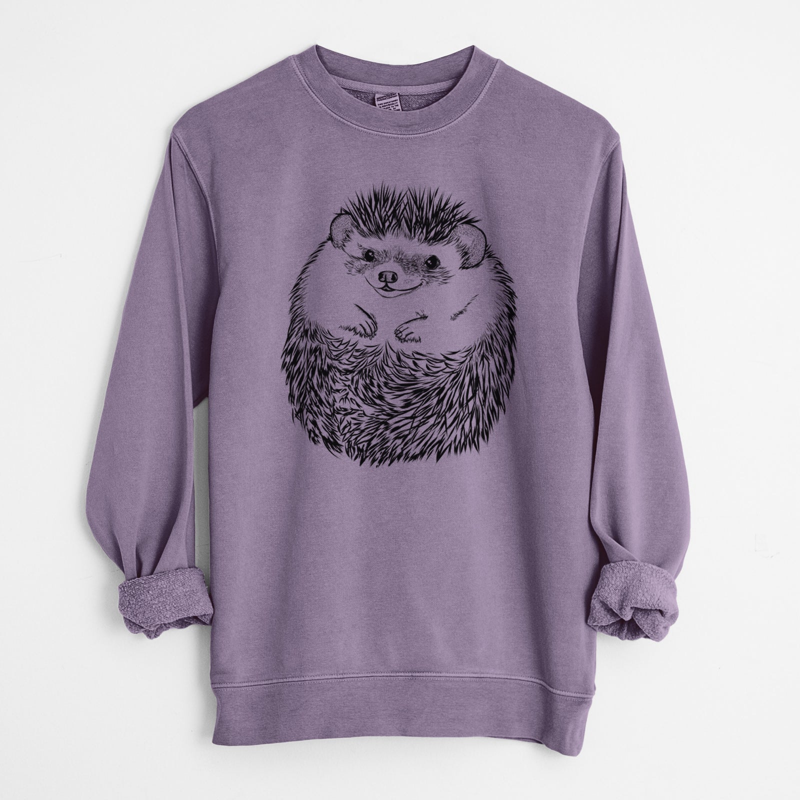 Hand-drawn sketch of Sid the Hedgehog on a Plum Unisex pigment dyed crew sweatshirt