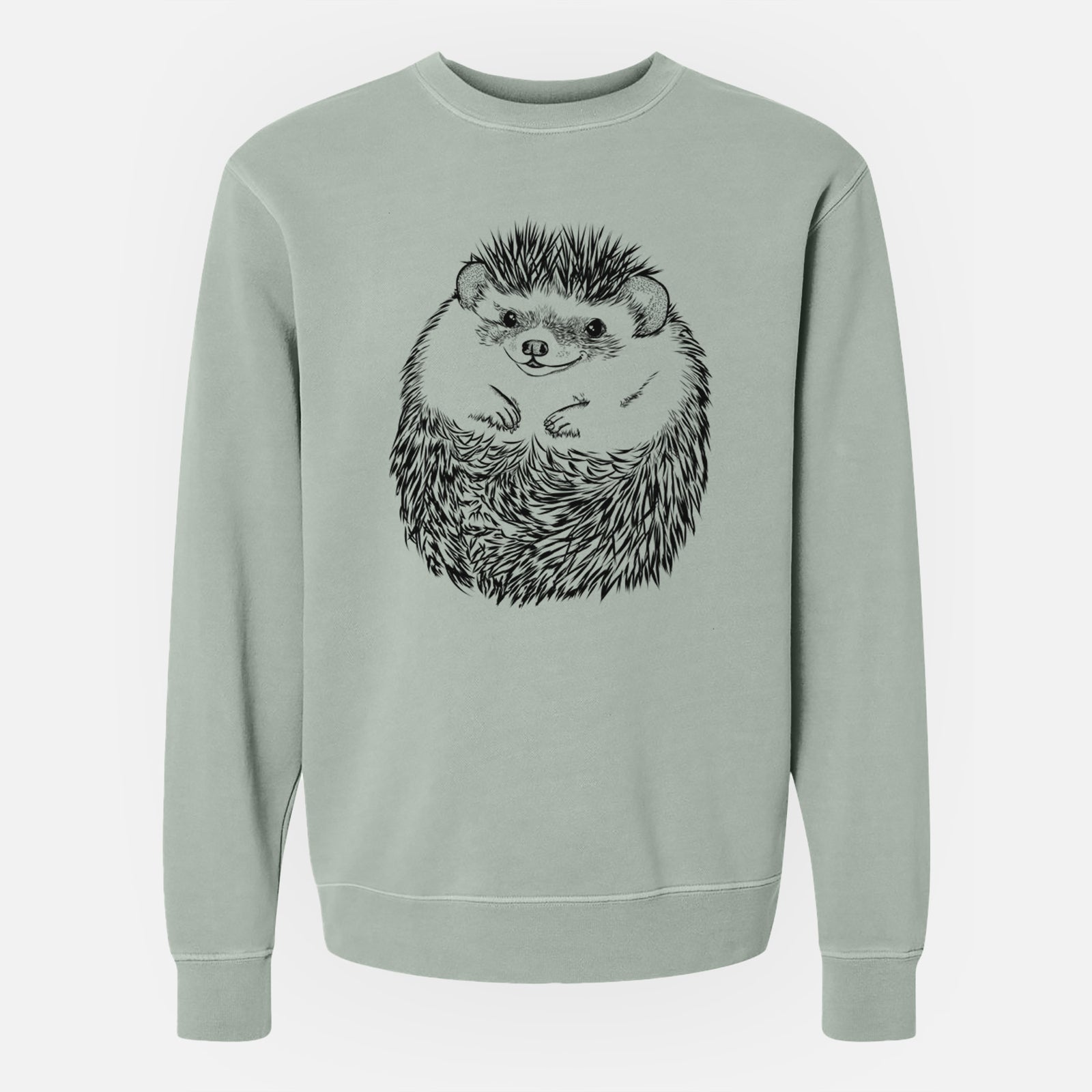 Hand-drawn sketch of Sid the Hedgehog on a Sage Unisex pigment dyed crew sweatshirt