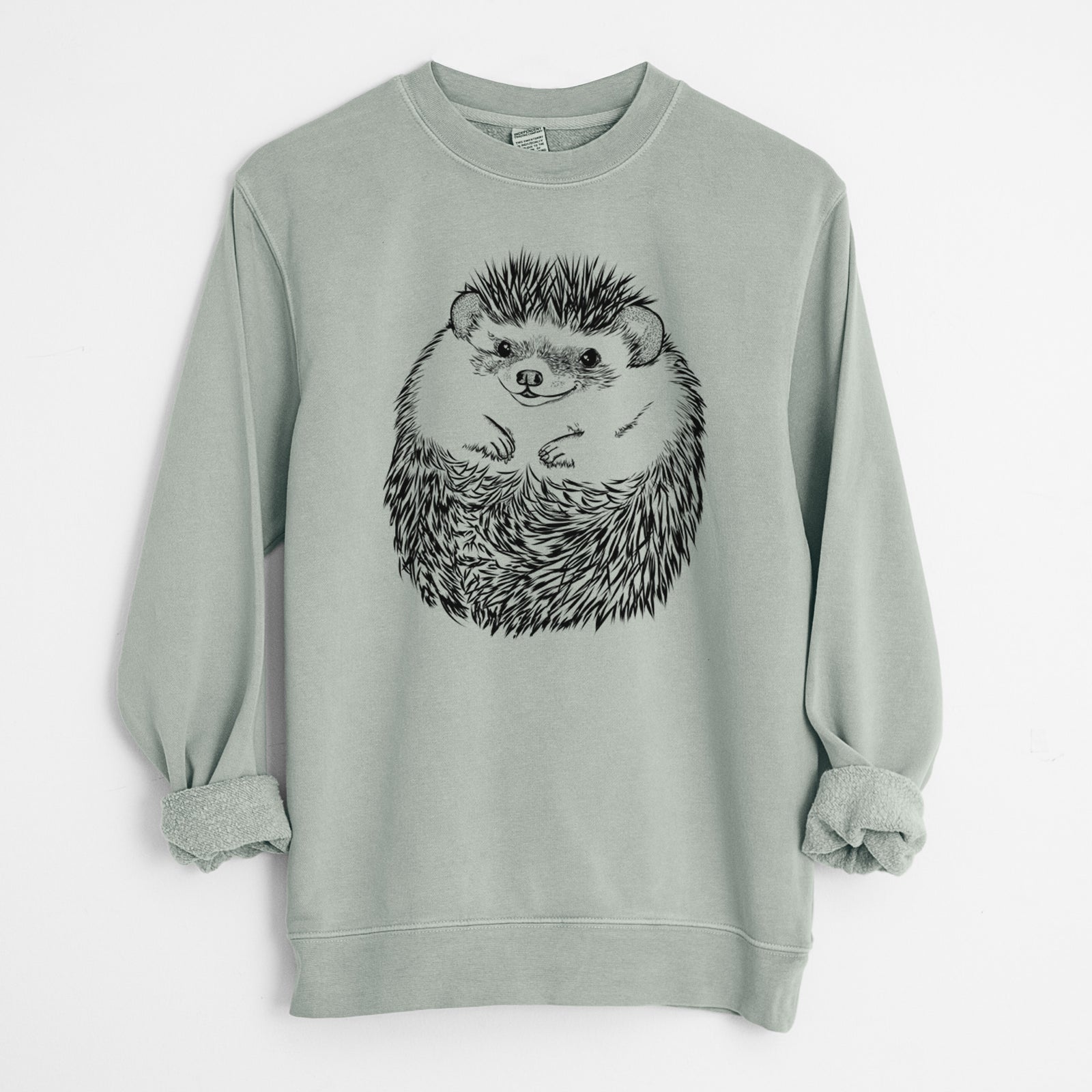 Hand-drawn sketch of Sid the Hedgehog on a Sage Unisex pigment dyed crew sweatshirt
