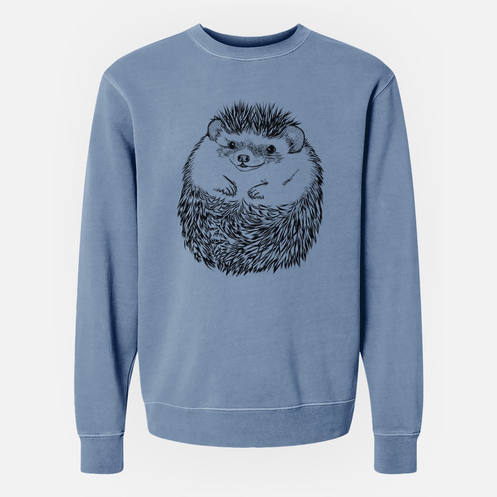 Hand-drawn sketch of Sid the Hedgehog on a Slate Blue Unisex pigment dyed crew sweatshirt