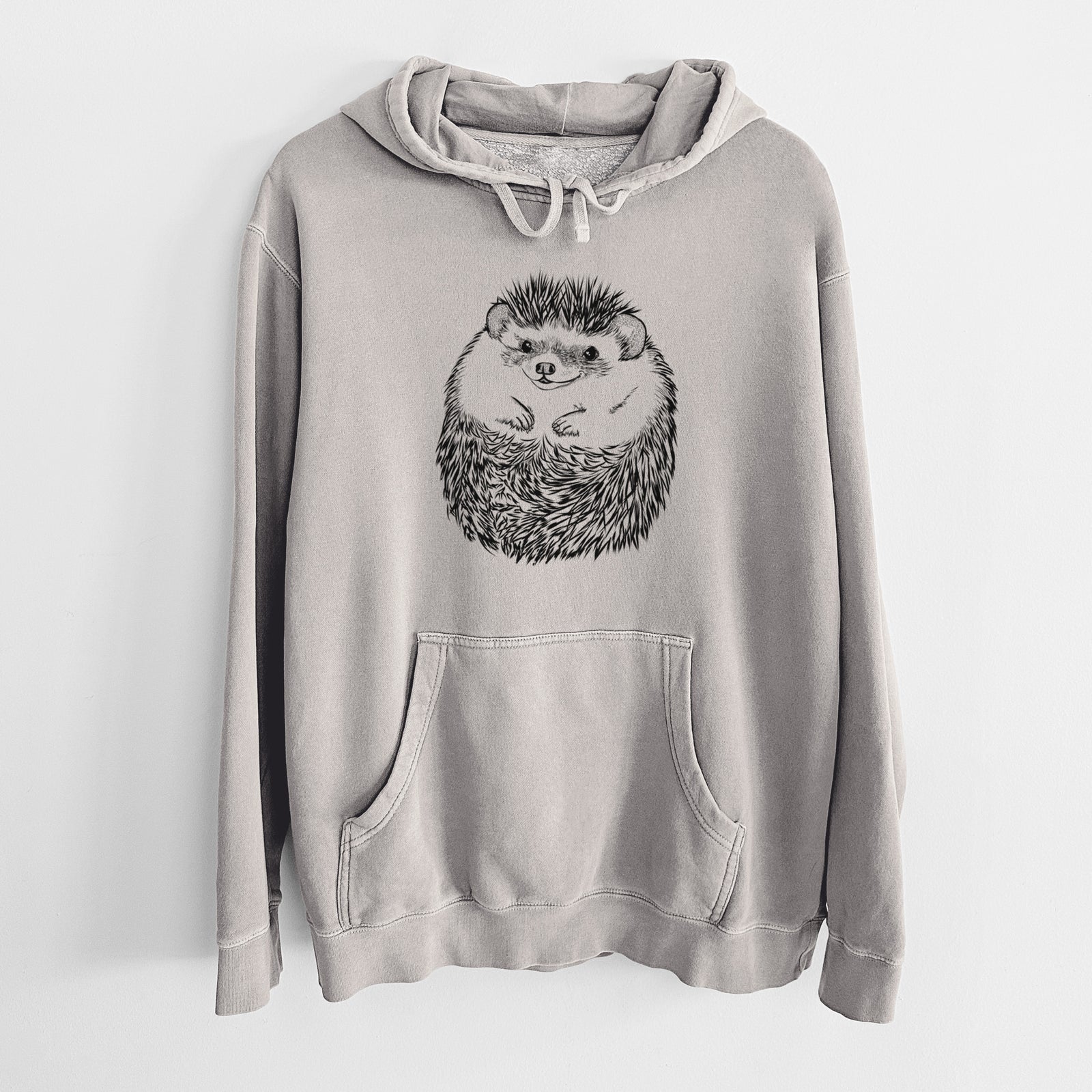 Hand-drawn sketch of Sid the Hedgehog on a Cement Unisex pigment dyed hoodie