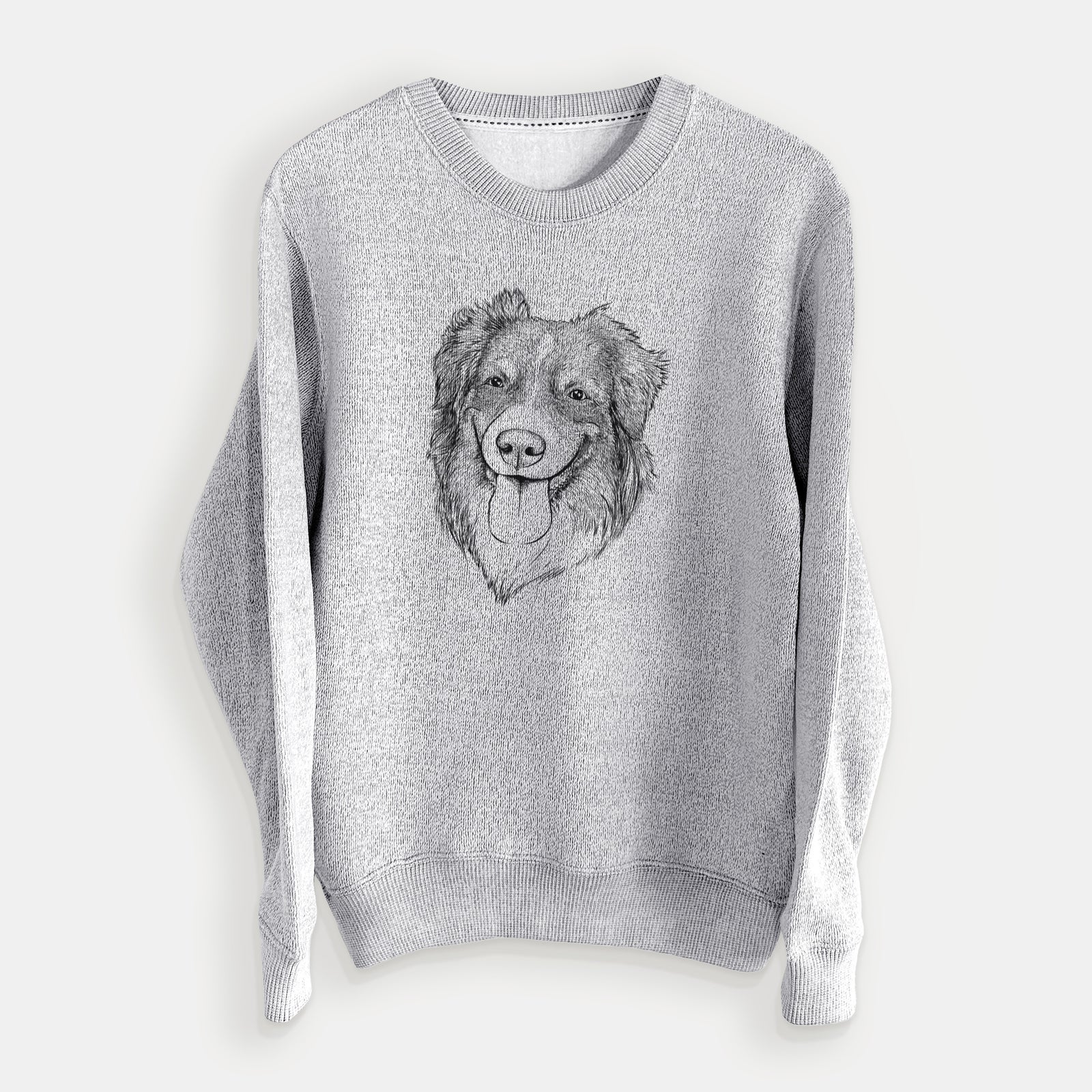 Hand-drawn sketch of Siena the Australian Shepherd on a Salt Pepper knit sweatshirt