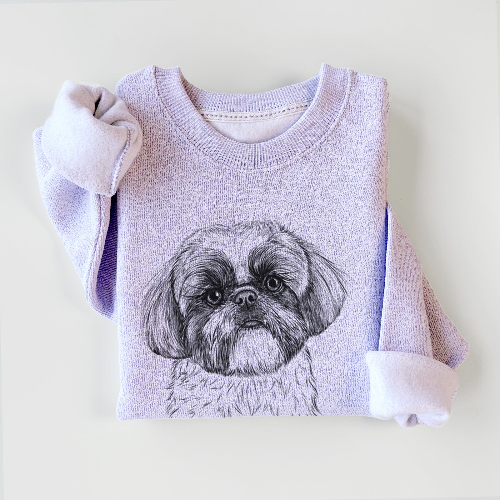 Hand-drawn sketch of Simon the Shih Tzu on an Ice Purple knit sweatshirt